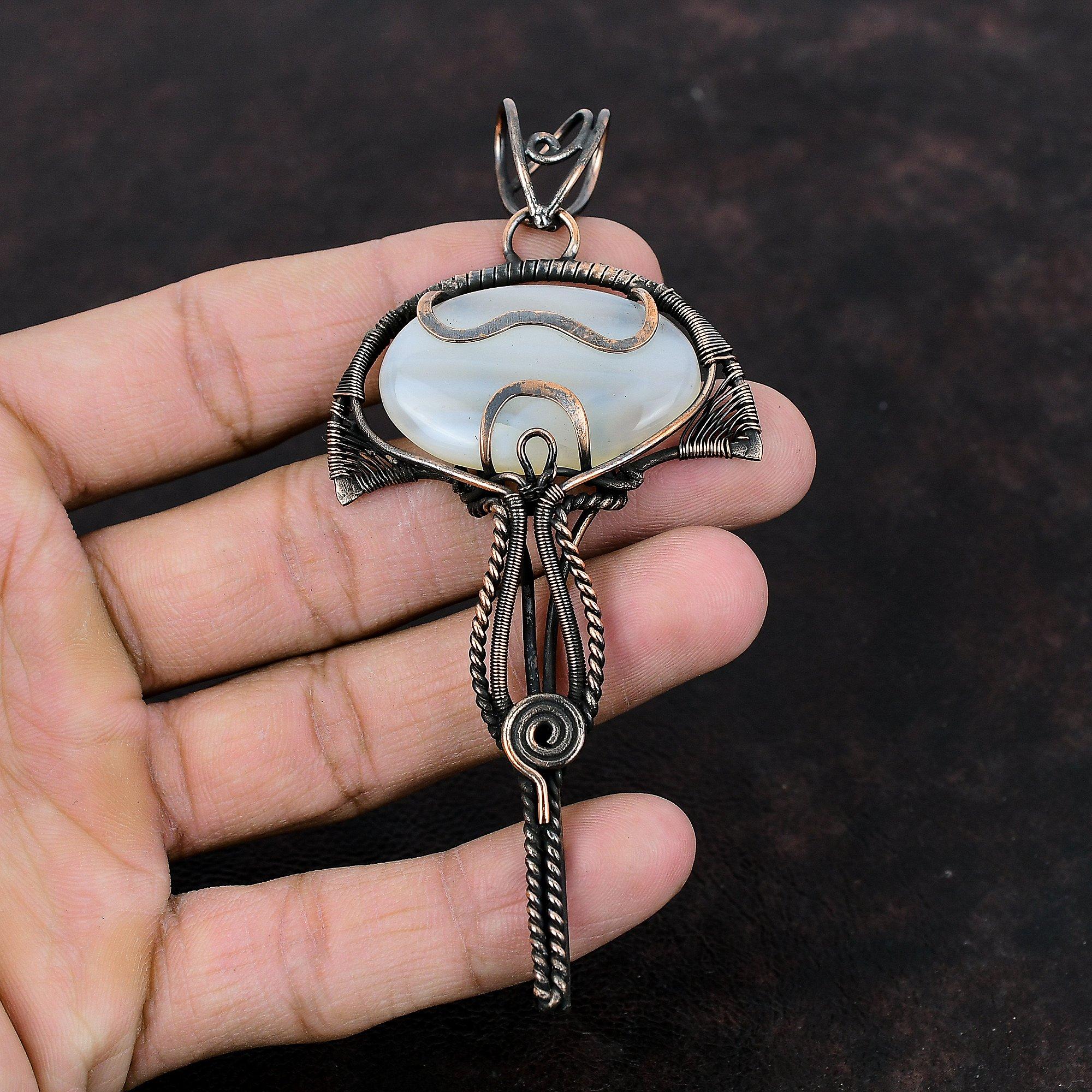 Botswana Agate Pendant Copper Wire Wrapped Gemstone Jewelry Handmade Latest Design Pendant Copper Wire Wrap Pendant Anniversary Gift For Mom