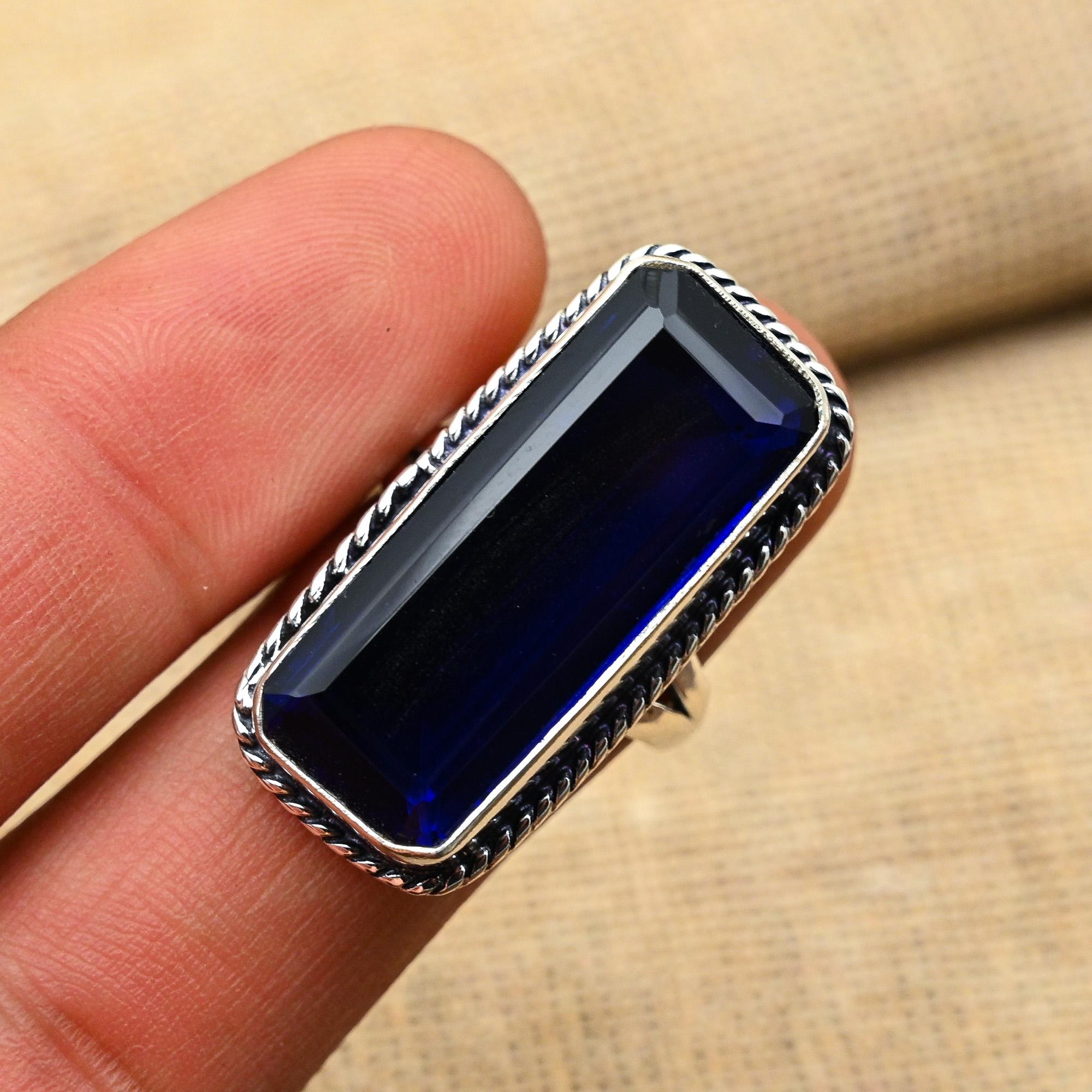 Glamorous Blue Sapphire Lab-Created Gemstone Handmade 925 Solid Sterling Silver Jewelry Ring