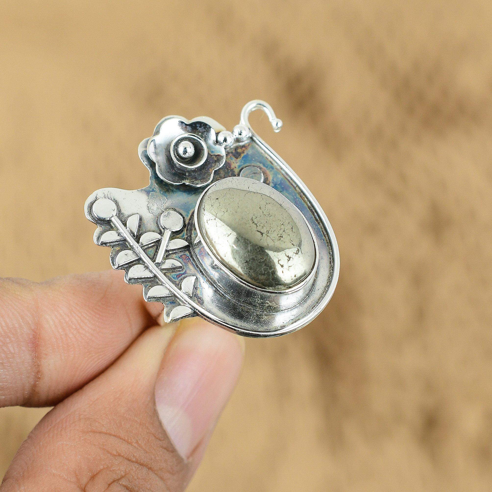 Mothers Day Sale Sterling Silver Oval Pyrite Stone Flower Promise Ring Jewelry