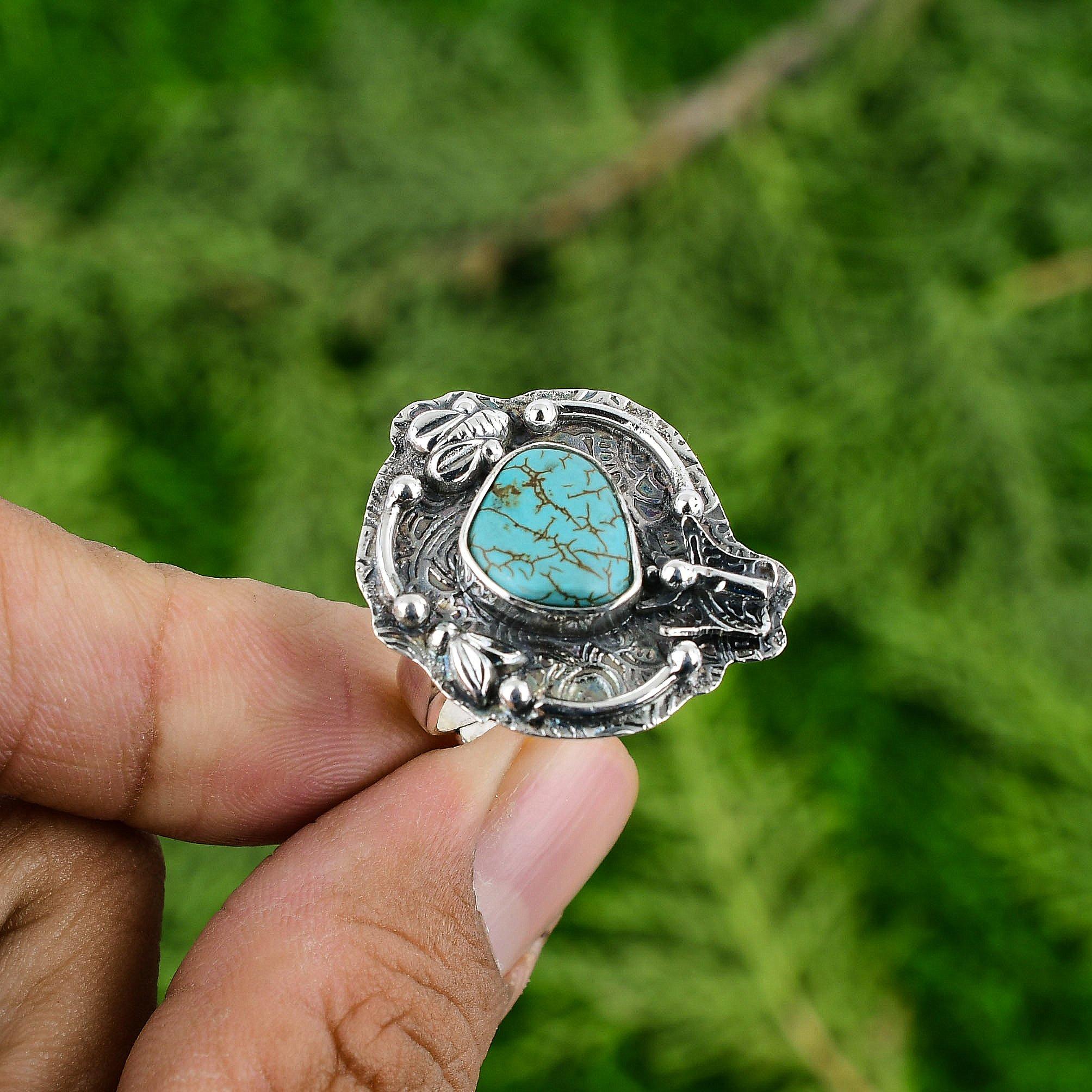 Gift For Her Natural Tibetan Turquoise Promise Adjustable Ring 925 Silver