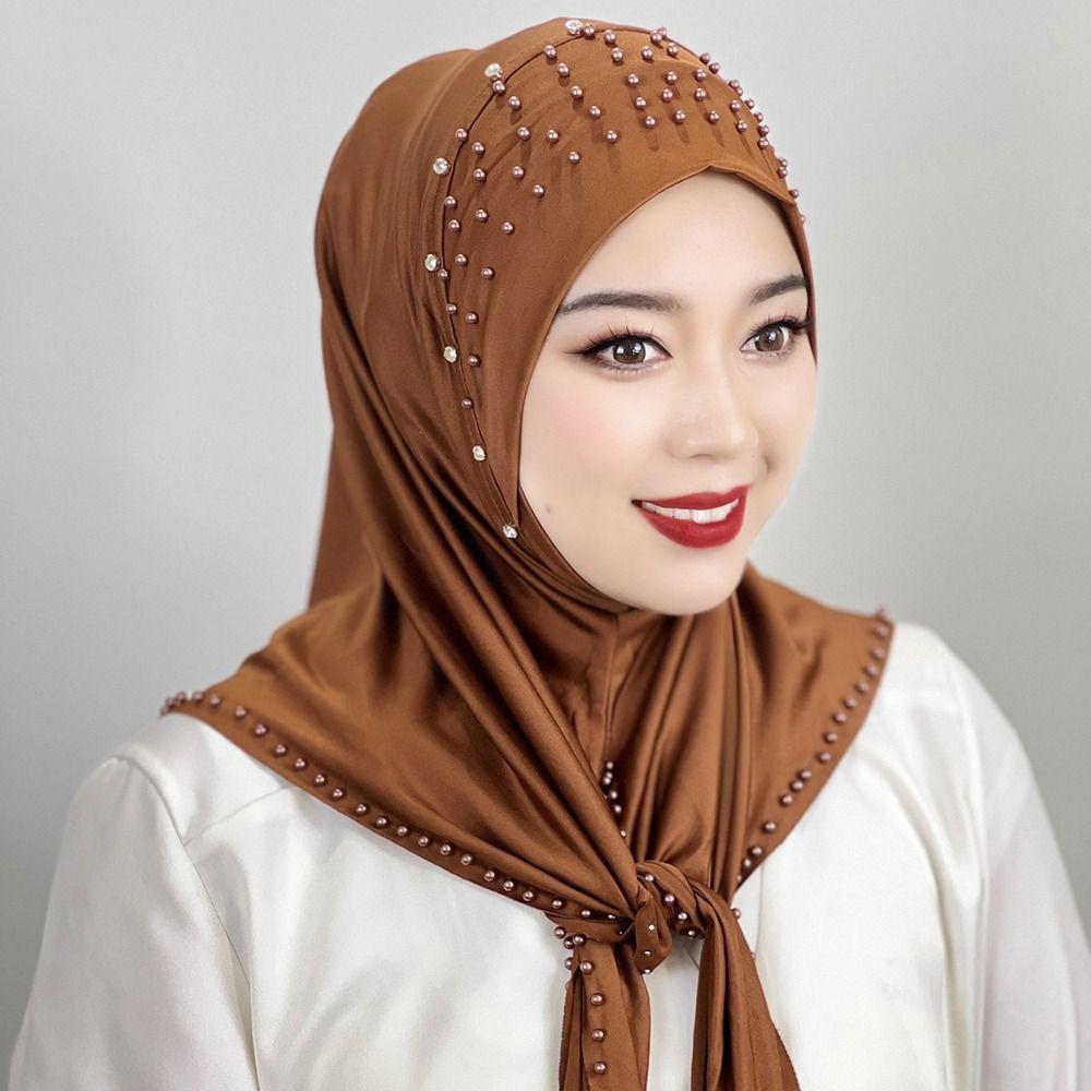 Comfortable Beaded Muslim Hijab Solid Color Full Cover Turkish Head Wrap Scarf Arabic Hijab Hat