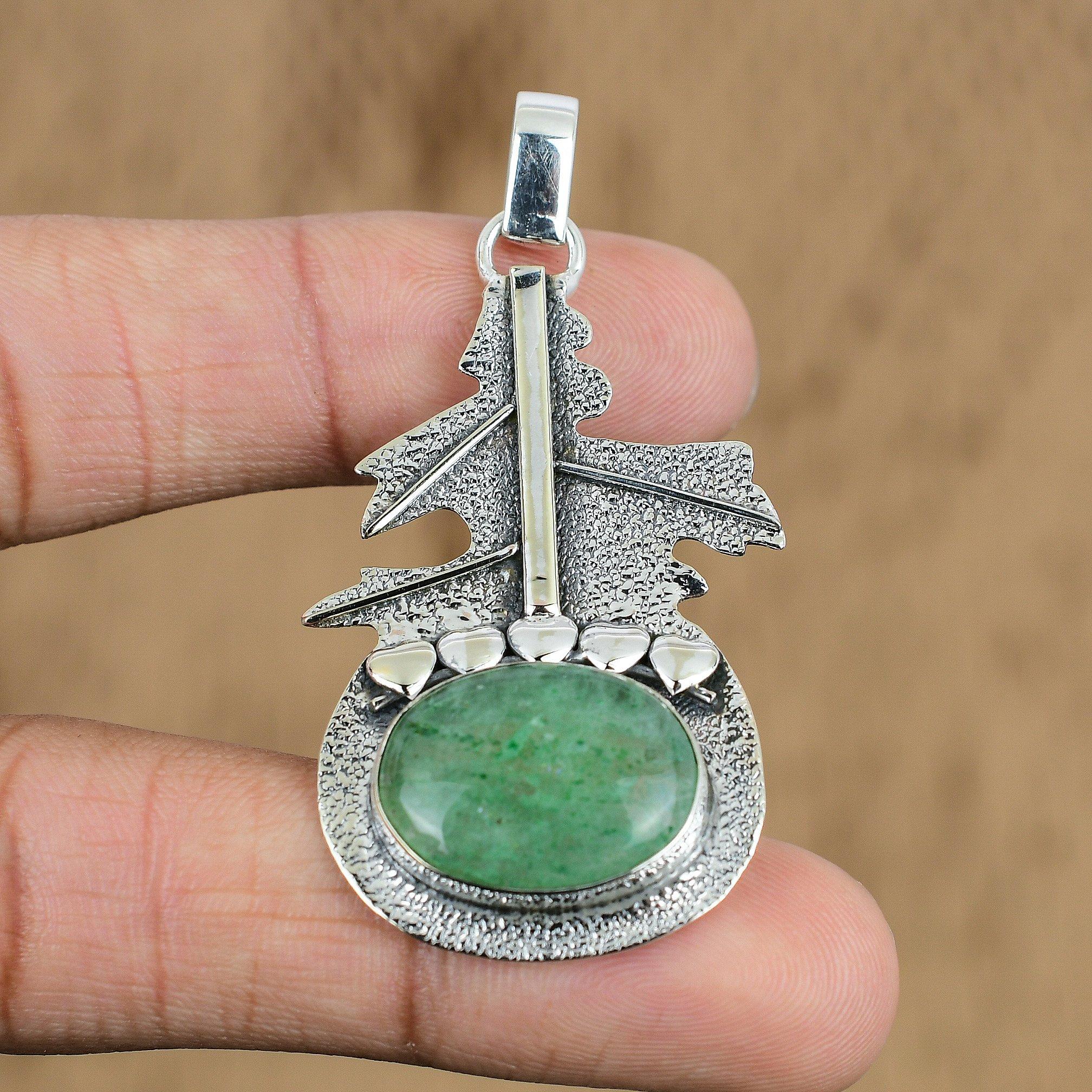 Anniversary Gift For Her Natural Green Aventurine Gemstone Pendant 925 Silver