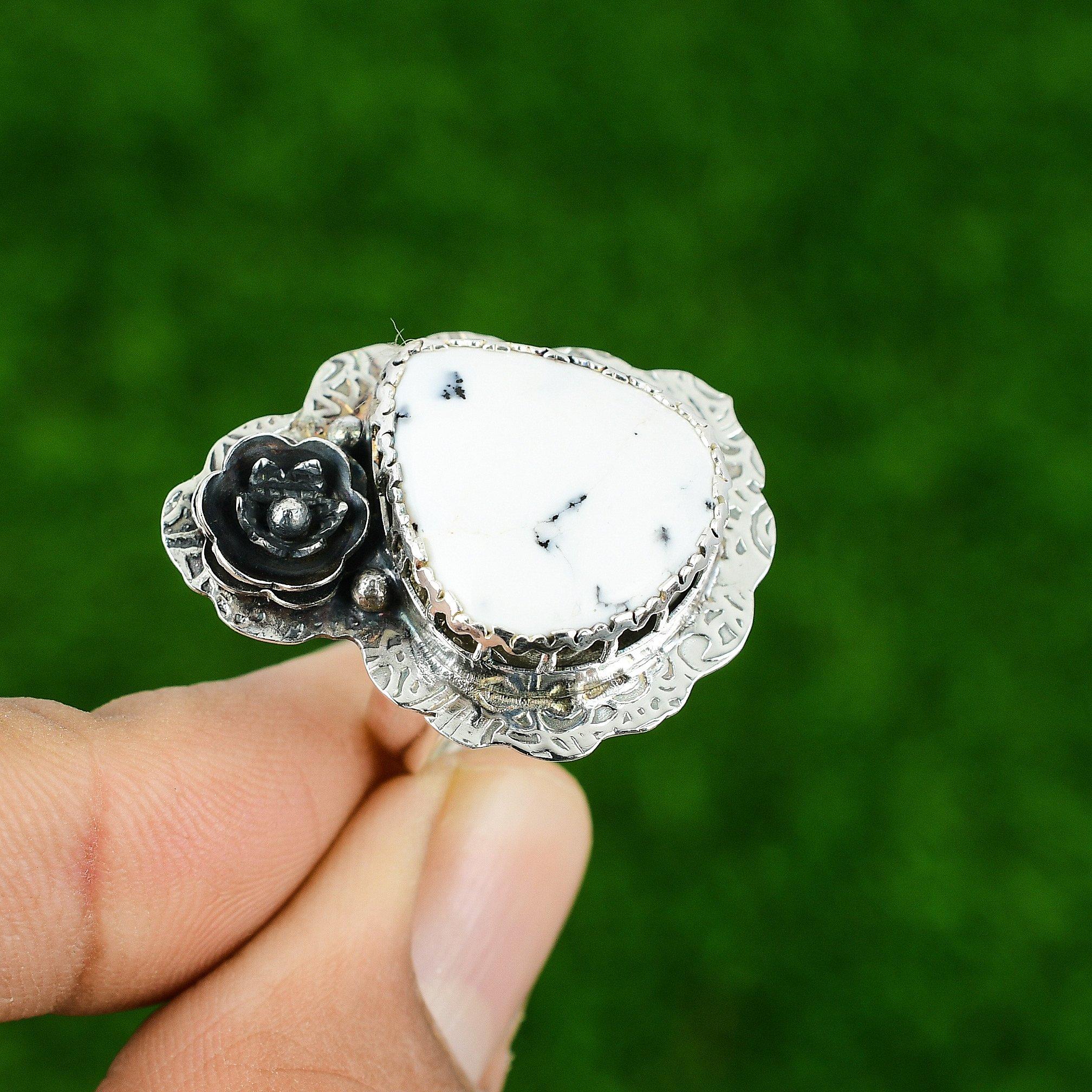 Pear Dendrite Opal Gemstone 925 Sterling Silver Stackable Flower Ring Jewelry