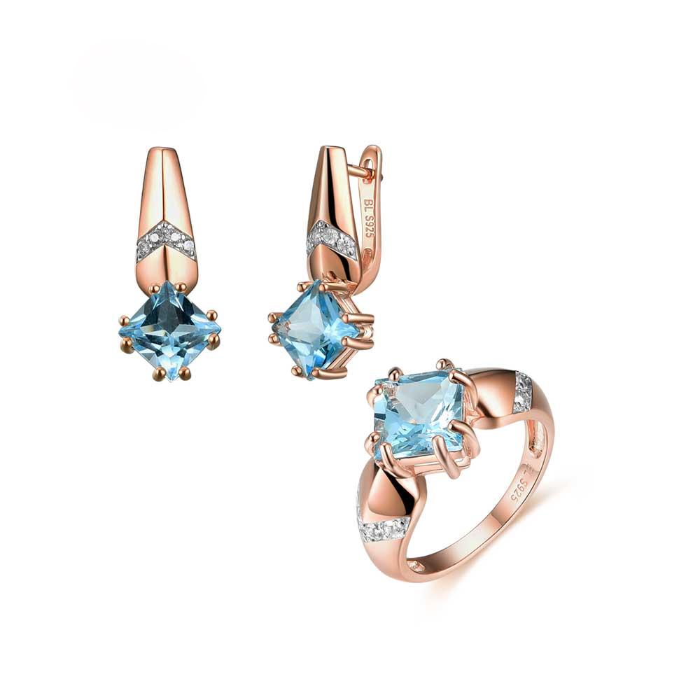Bolaijewelry Natürlicher himmelblauer Topas, 7,0 mm/8,0 mm, Edelsteinring, Ohrringe, Anhänger, Schmuckset aus 925er Sterlingsilber, edler Schmuck für Frauen