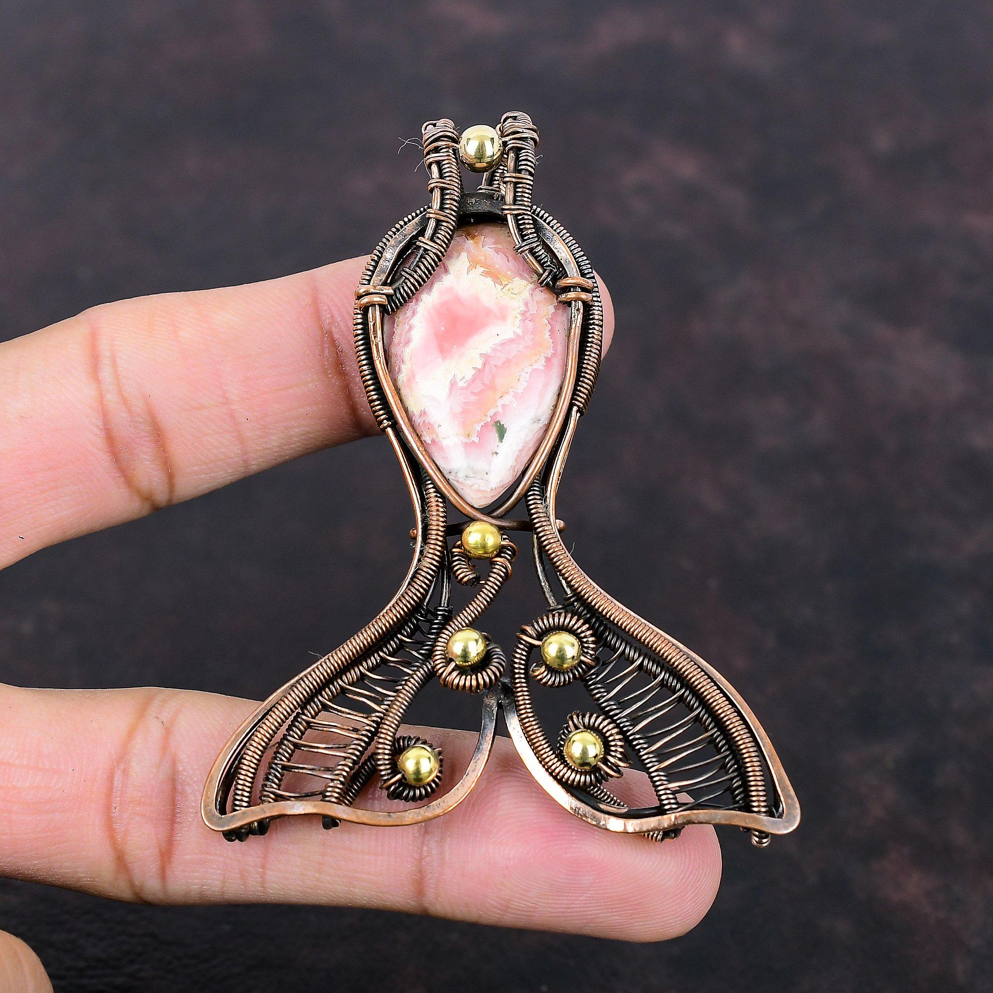 Rhodochrosite Pendant Copper Wire Wrapped Gemstone Pendant Amazing Copper Wire Jewelry Fish Pendant Gift For Mom Handmade Brand New Jewelry