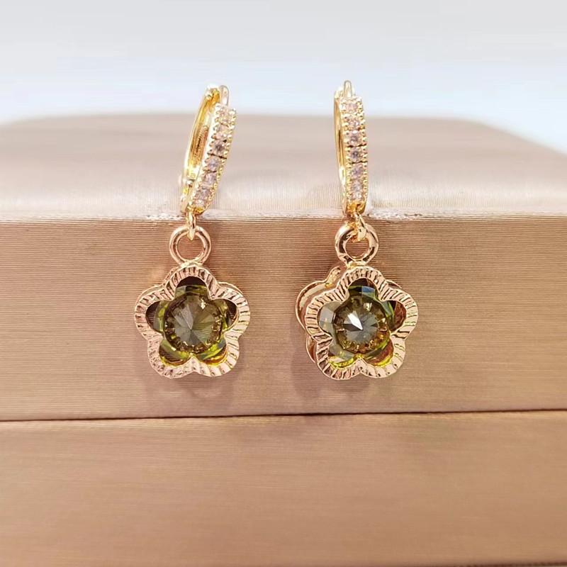 Korean Trend Green Zircon Flower Drop Earrings for Women Fashion Gold Color Earring Jewelry Party Accessories