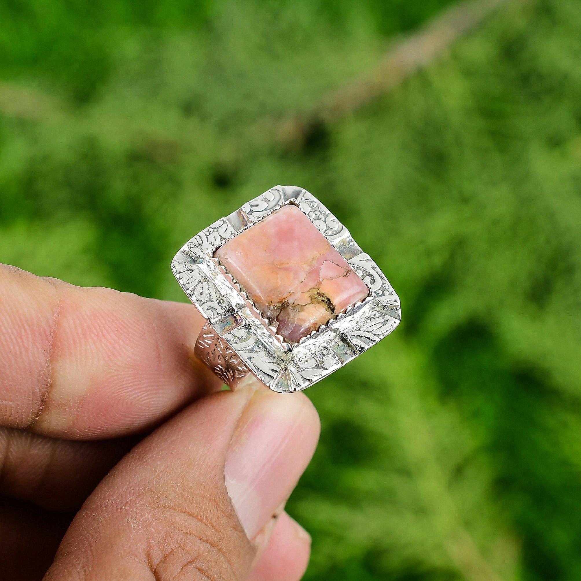 Natural Rhodonite Gemstone Promise Adjustable Ring 925 Sterling Silver Jewelry