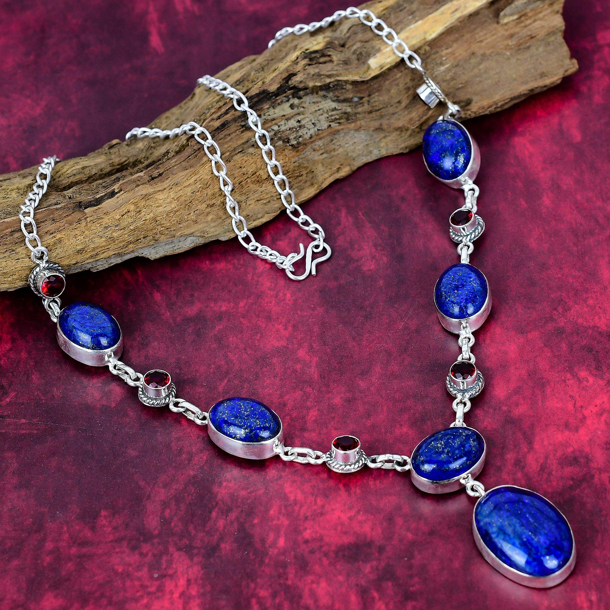 Lapis Lazuli & Granat Halskette Handgefertigter Schmuck, 925 Massiv Sterling Silber Halskette Designer Edelstein Schmuck Verstellbare Kette Halskette Geschenk für Mama