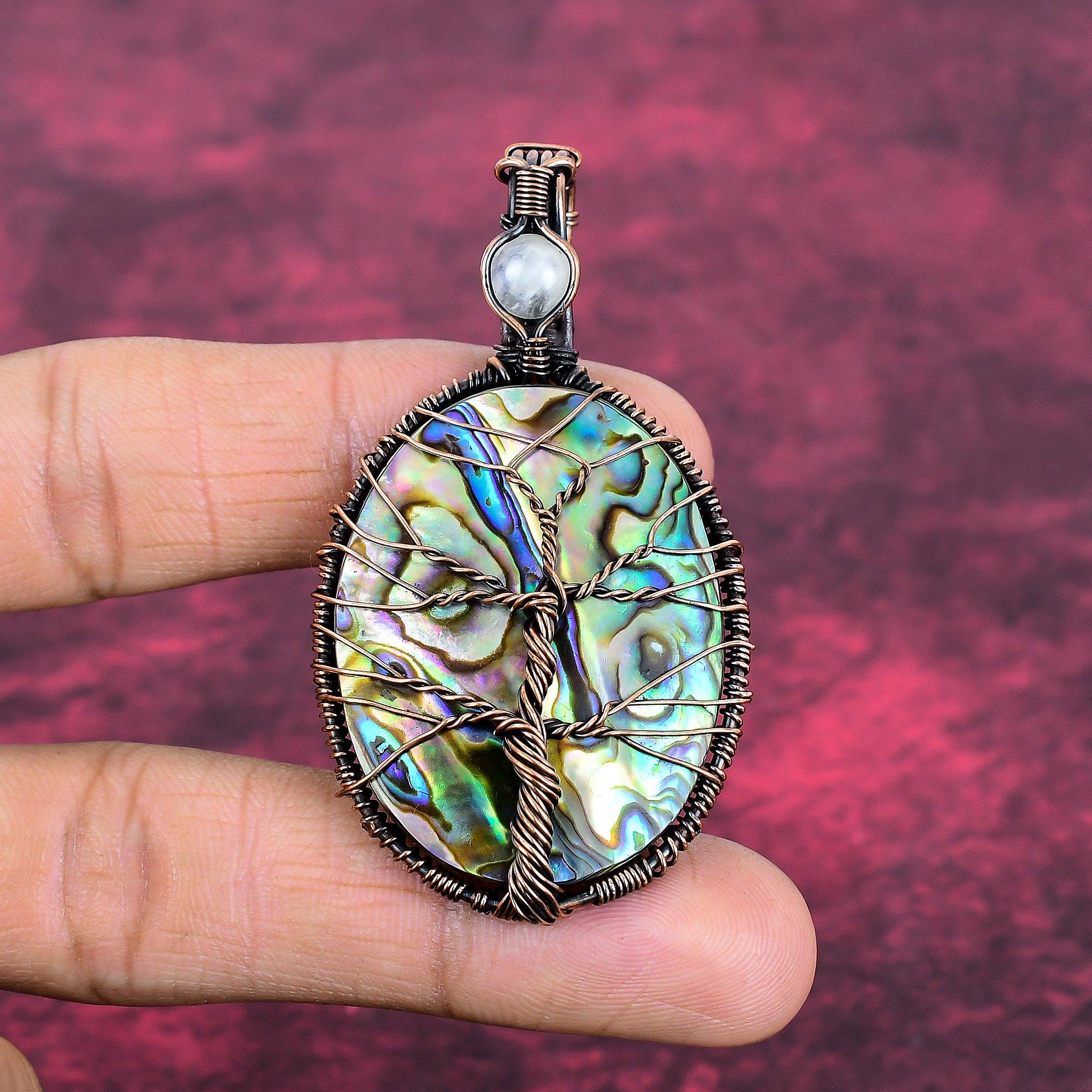 Tree Of Life Abalone Shell Pendant Copper Wire Wrapped Rainbow Moonstone Jewelry