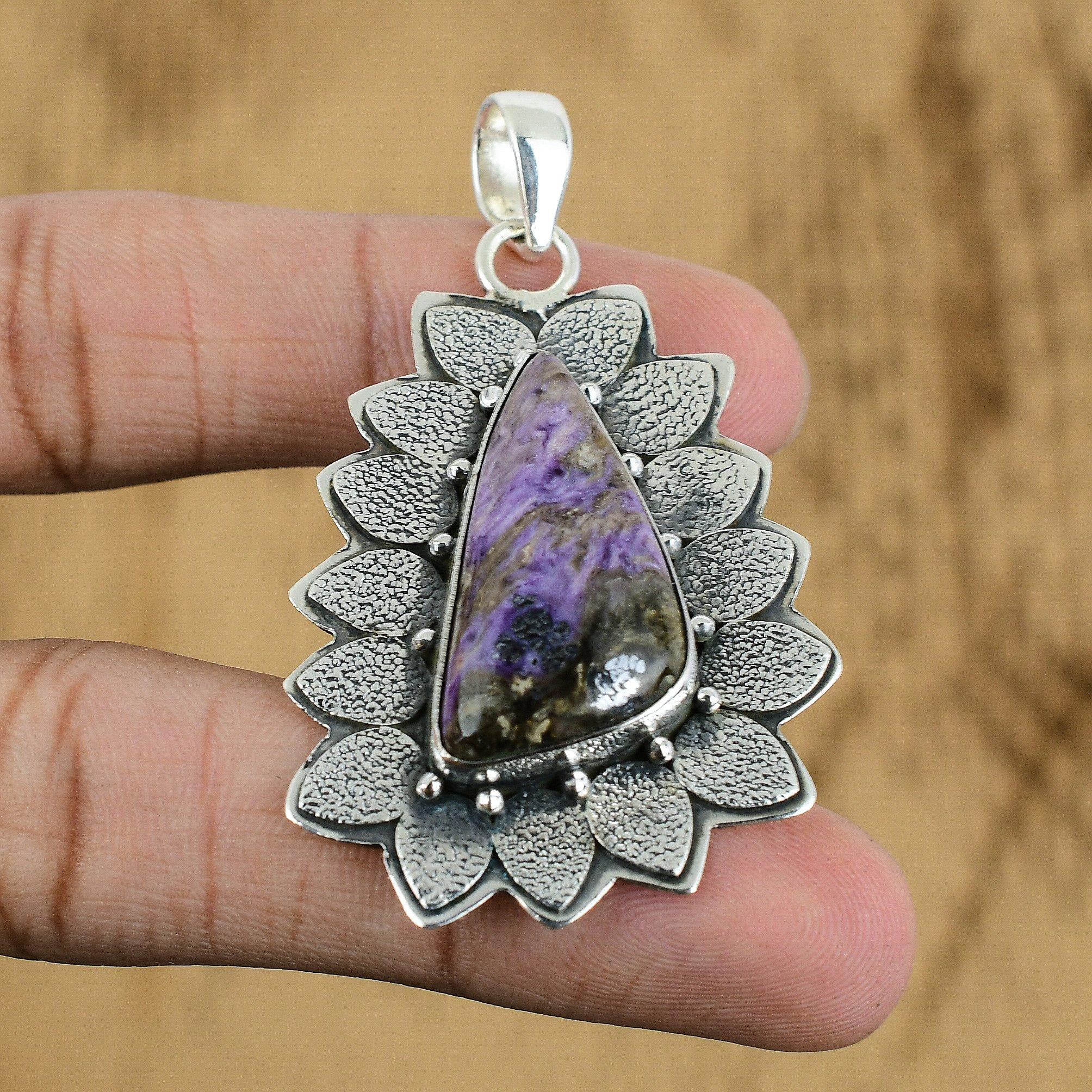 Mothers Day Deal Russian Charoite Gemstone Boho Pendant Jewelry Sterling Silver