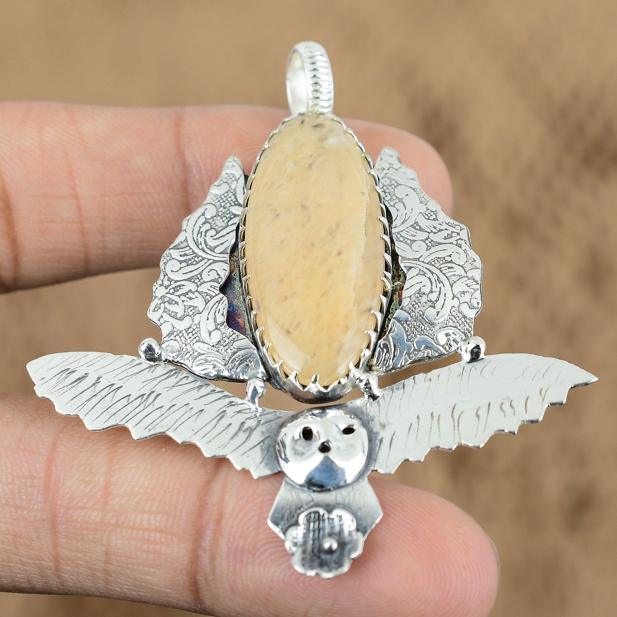 Natural Brown Amazonite Gemstone Pendant Owl 925 Sterling Silver For Women