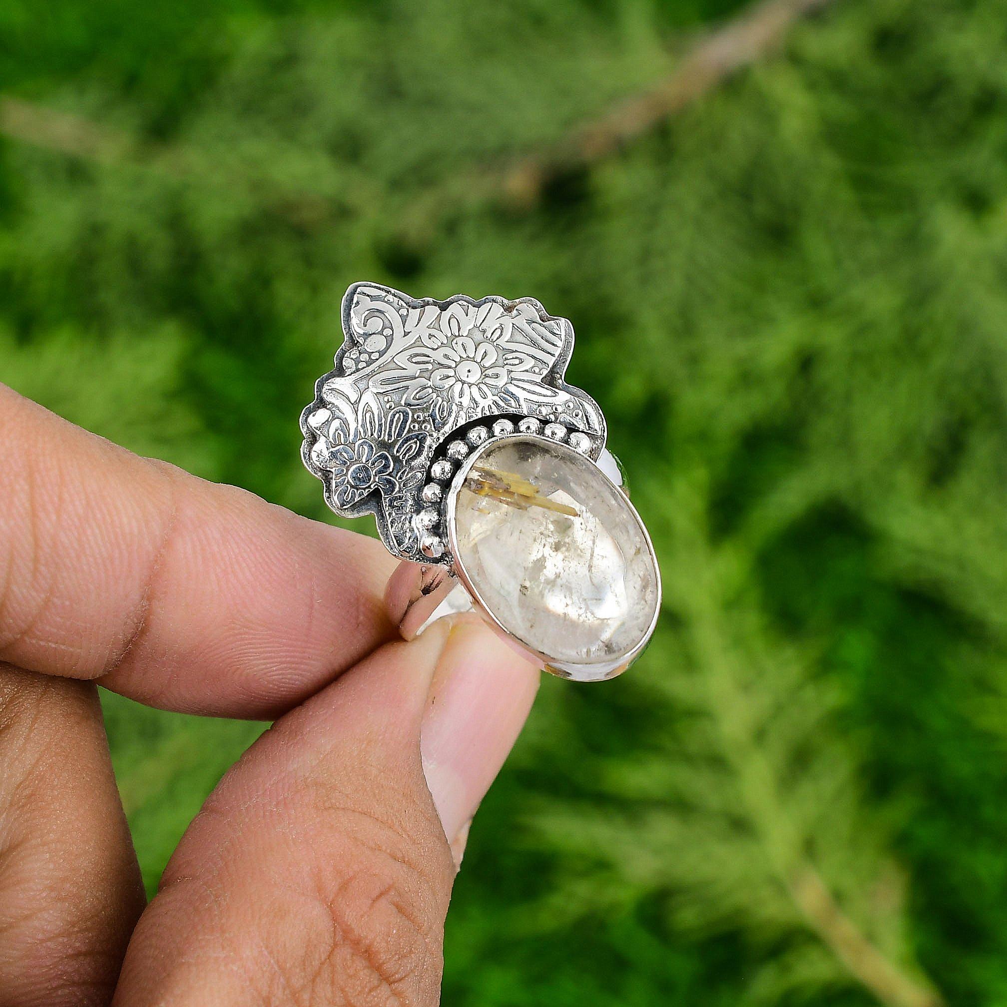 Oval Golden Rutile Stone 925 Silver Unique Bezel Anniversary Promise Mother Ring