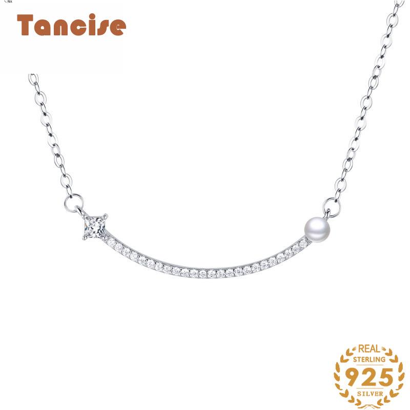 Tancise S925 Sterling Silver Trendy Smile Pearl Double Layer Necklace Cool Wind Clavicle Chain Neck Jewelry