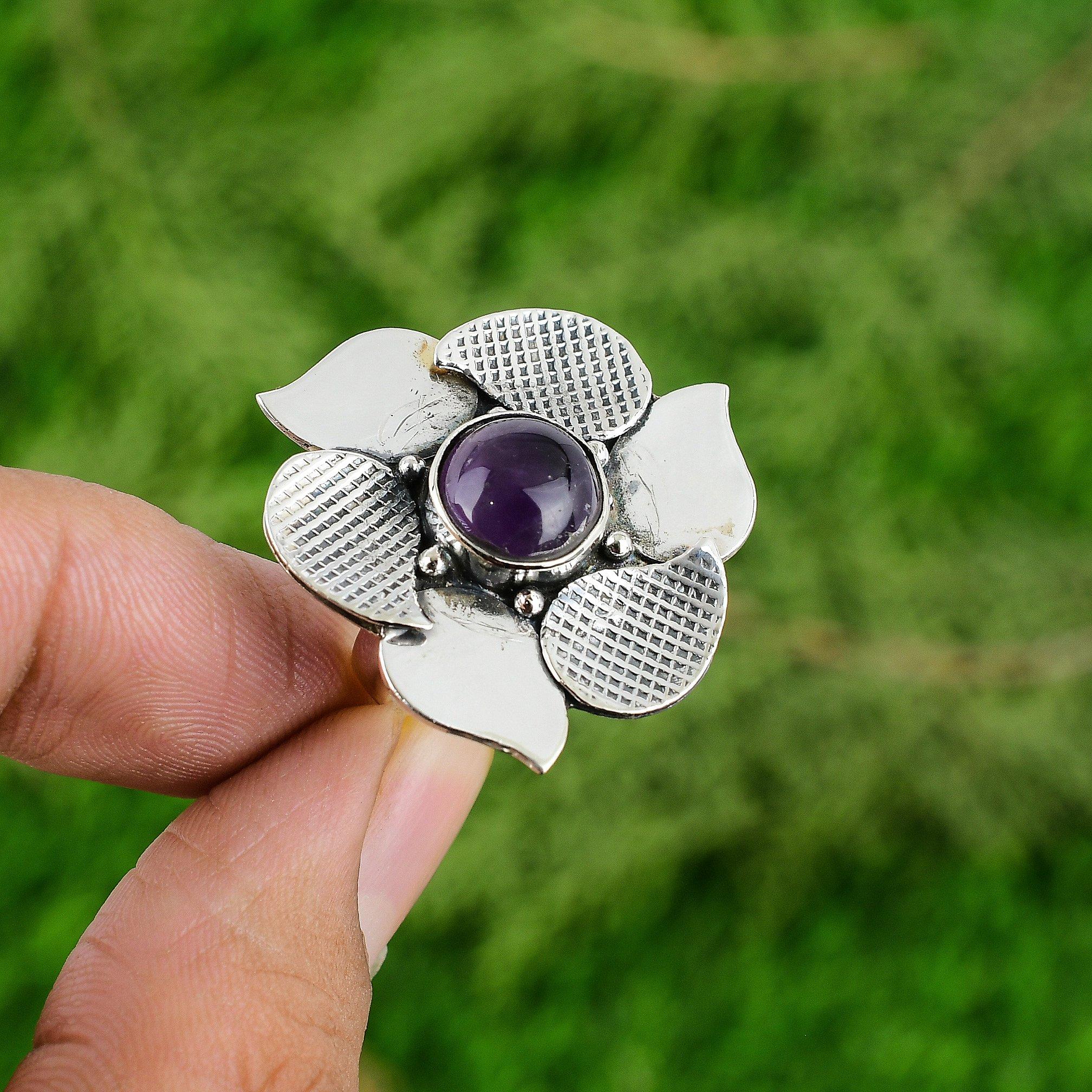 Natural African Amethyst Promise Flower Adjustable Ring 925 Silver For Women