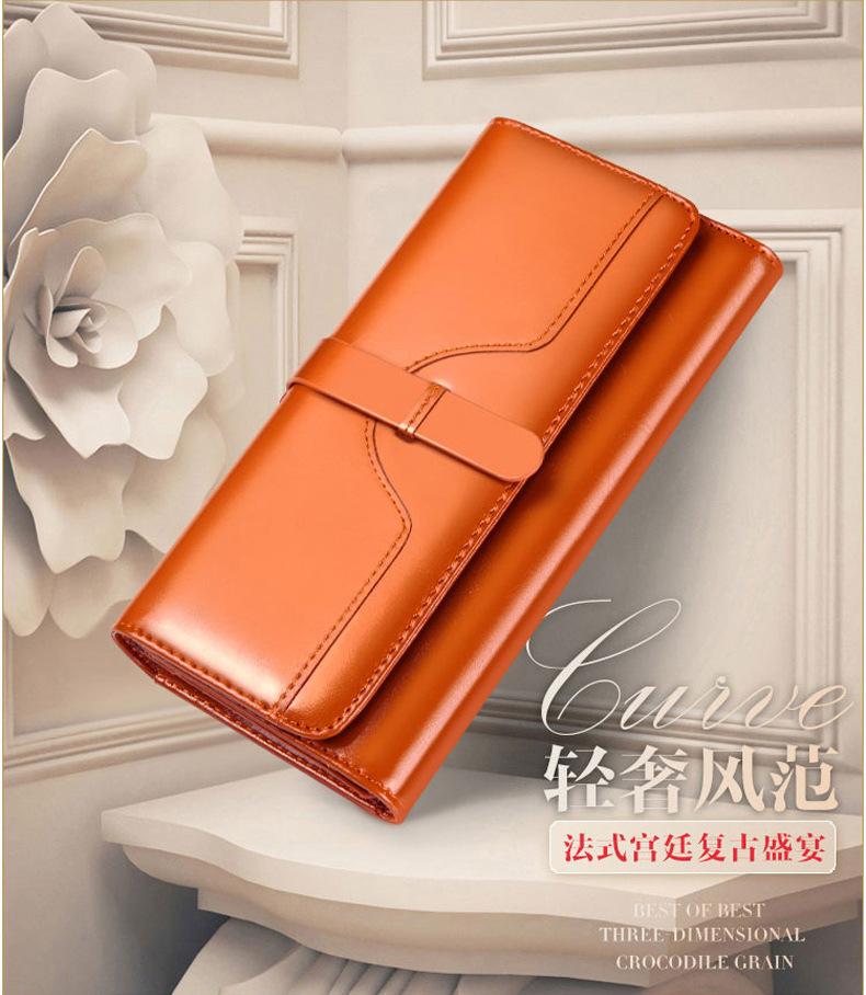 Damelommebok i ekte skinn med tre bretter, Lang skinnveske med spenne, Ekte skinn Lommebok med flere kort og stor kapasitet, Damelommebok, Skinnlommebok