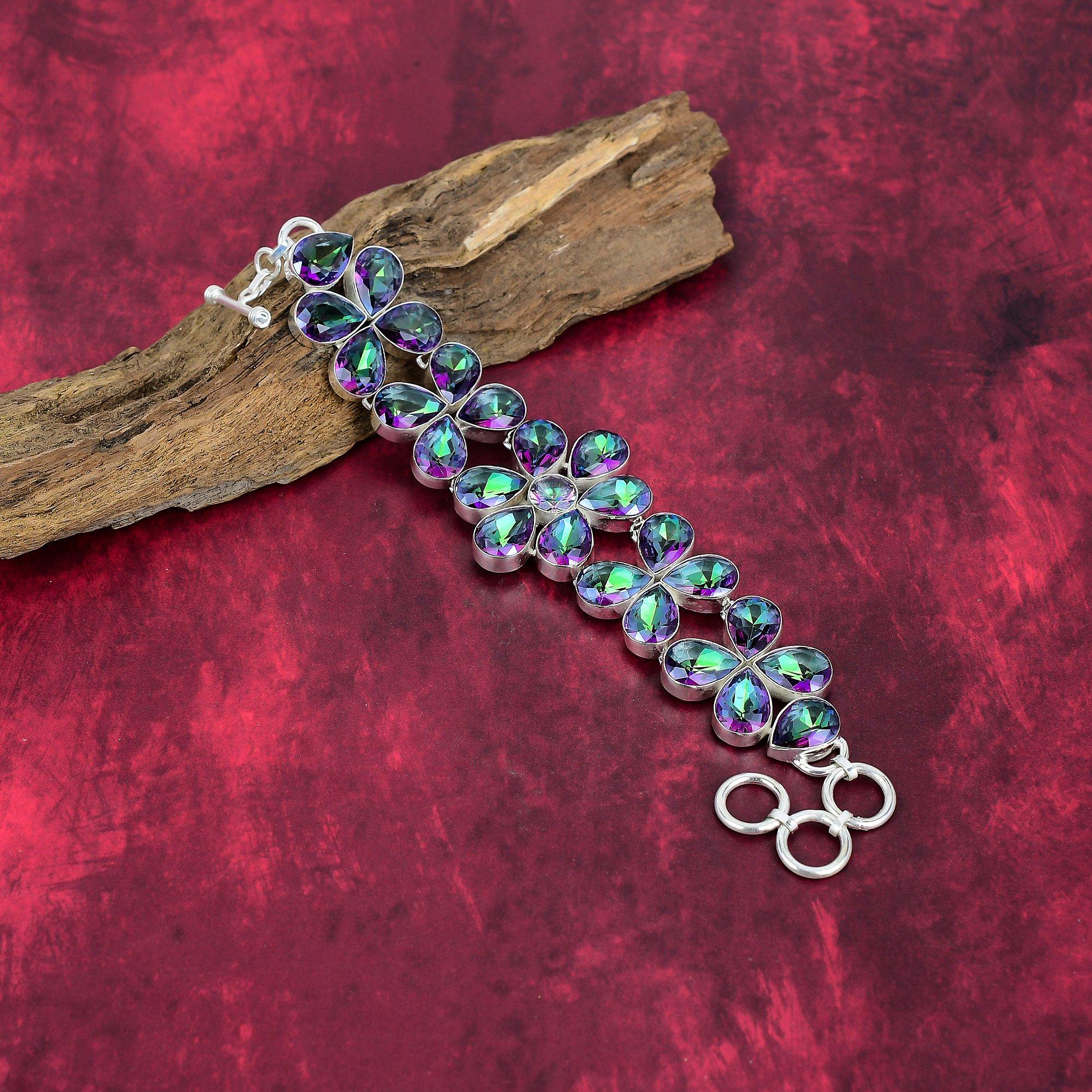 Mystic Topaz 925 Solid Sterling Silver Bracelet, Handmade Gemstone Jewelry Bracelet, For Memorial Day