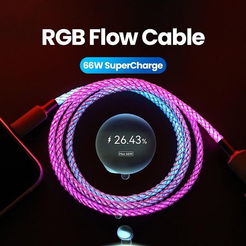 RGB Data Cable 100W Fast Charge with Cool Breathing Light USB Mobile Phone Charging Cable