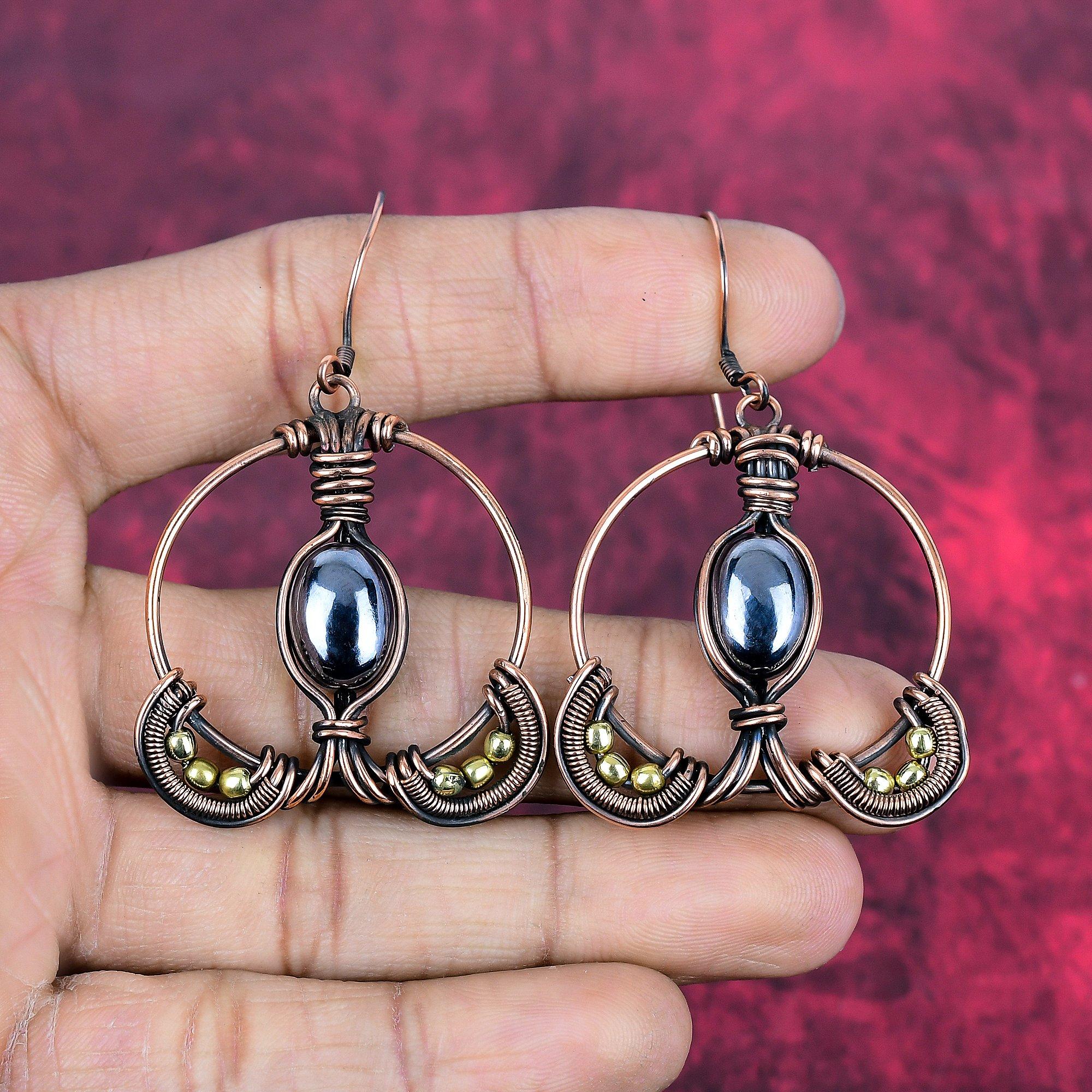 Shungite earring copper wire wrapped earring handmade jewelry natural gemstone earring copper wire wrap jewelry gifts for mom dangle earring