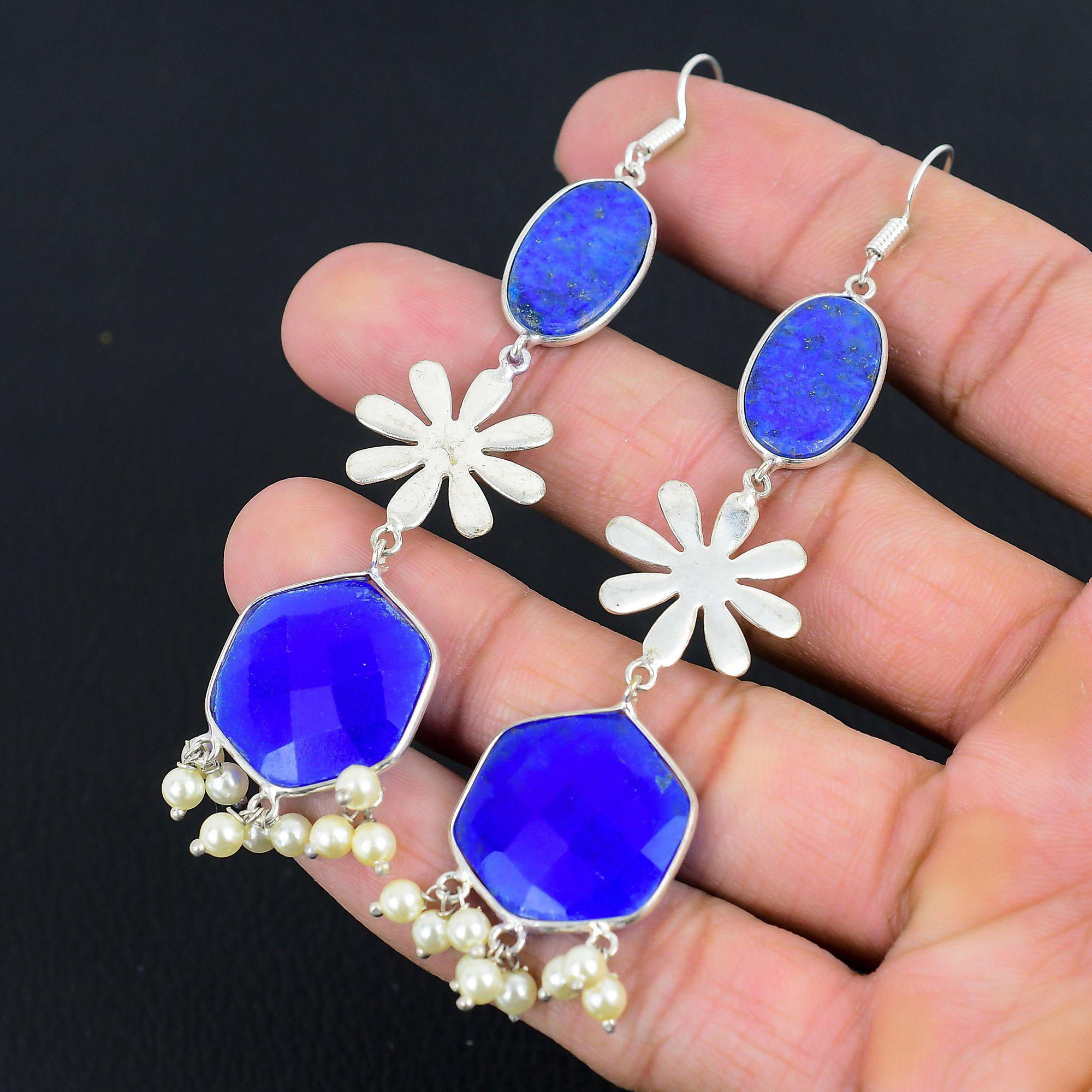 Halloween Sale Natural Blue Sapphire Dangle Drop Earrings 925 Sterling Silver