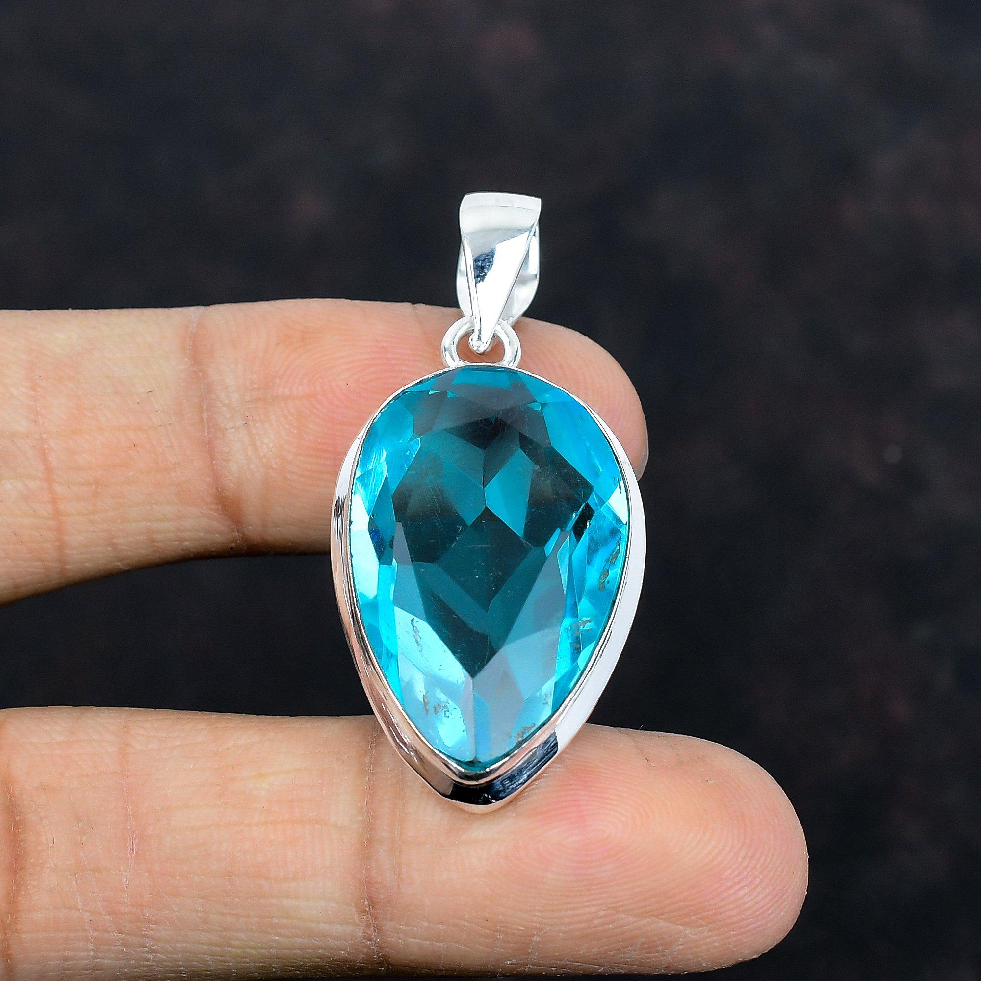 Faceted Swiss Blue Topaz Pendant Natural Gemstone Jewelry Designer Pendant 925 Sterling Silver Pendant Handmade Dainty Pendant Gifts for Mom