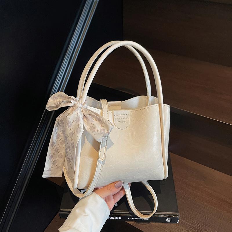 Fashion Vintage Bucket Bag Women PU Leather Top Handle Bag with Checkered Scarf Bow Large Capacity Shoulder Bag for Daily Commute and Outings