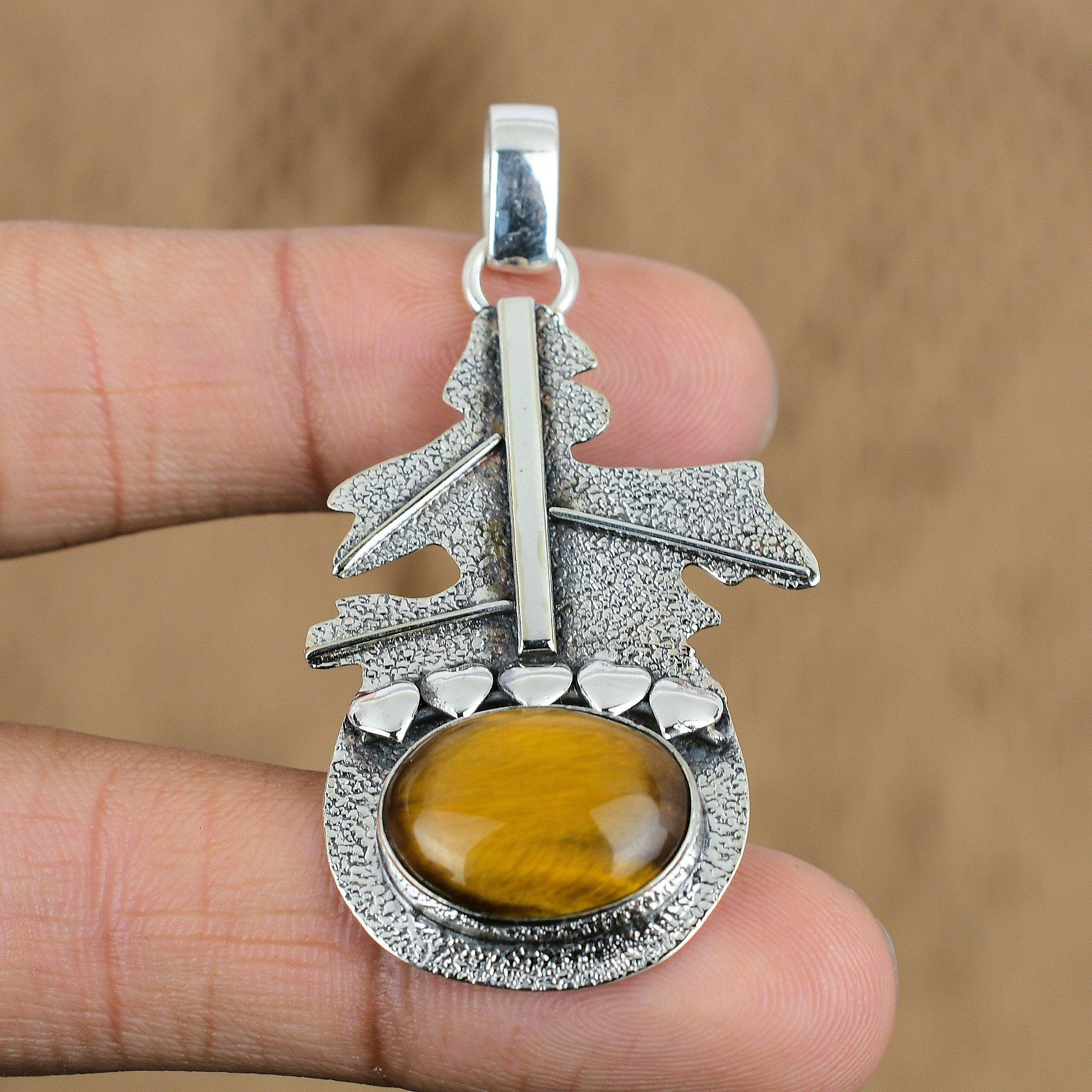 Natural Tiger'S Eye Gemstone Pendant Handmade 925 Sterling Silver Indian Jewelry