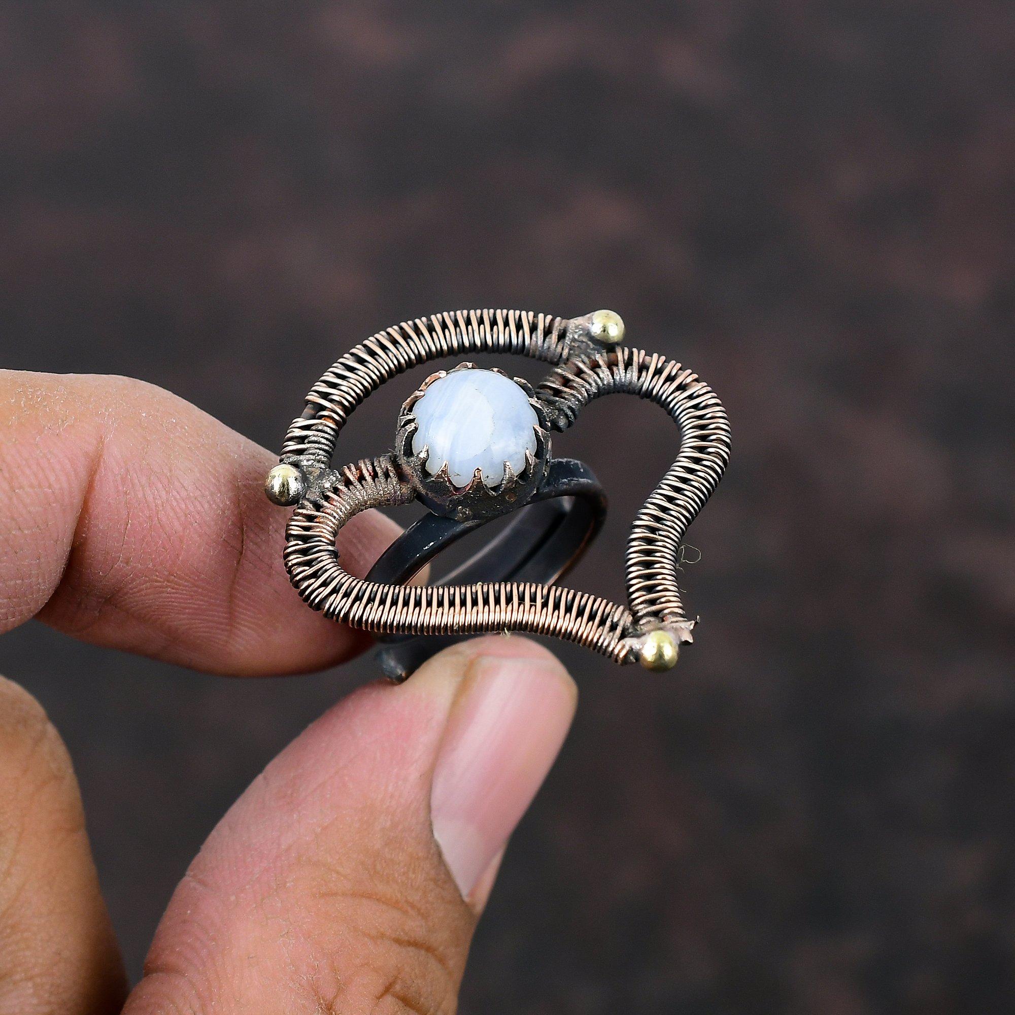 Blue Lace Agate Ring Copper Wire Wrapped Adjustable Ring Handmade Birthstone Ring Amazing Copper Jewelry Natural Gemstone Ring Gift For Mom