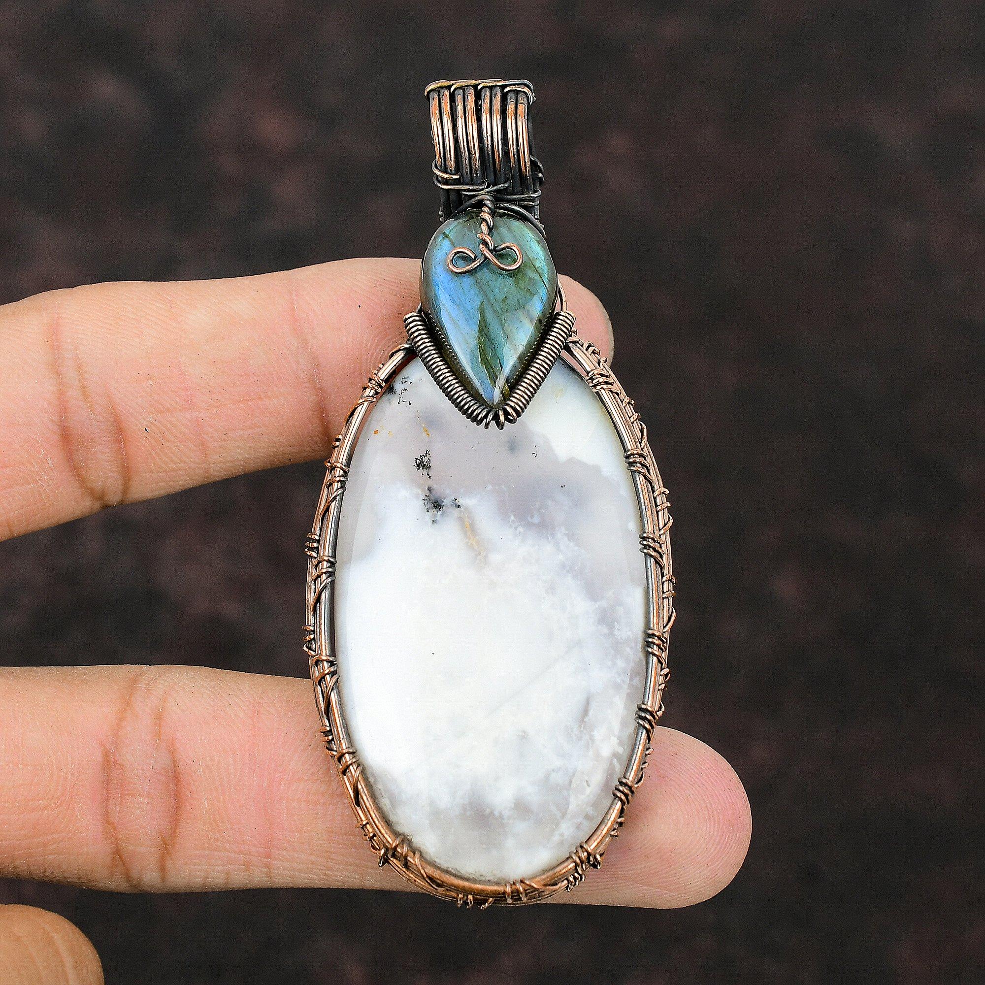 Pingente de opala dendrita, fio de cobre enrolado, pingente de pedra preciosa labradorita, joias de cobre artesanais, presente para ela e mulheres
