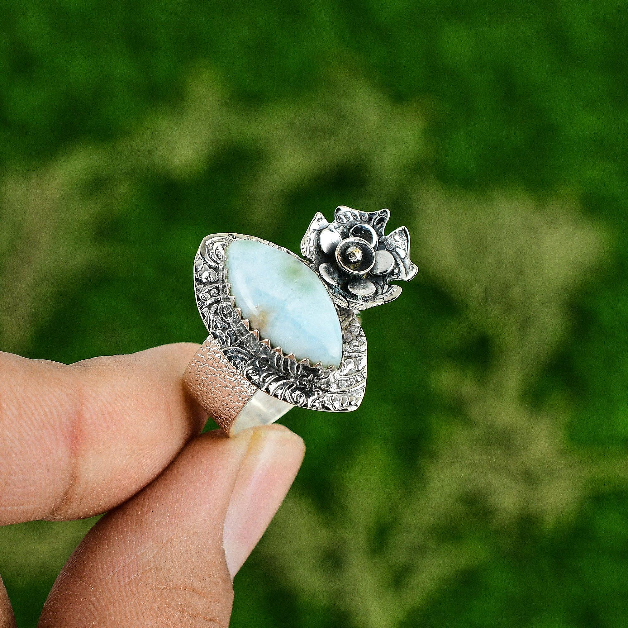 Wedding Gift For Her 925 Silver Natural Larimar Multi Stone Flower Ring Size 8