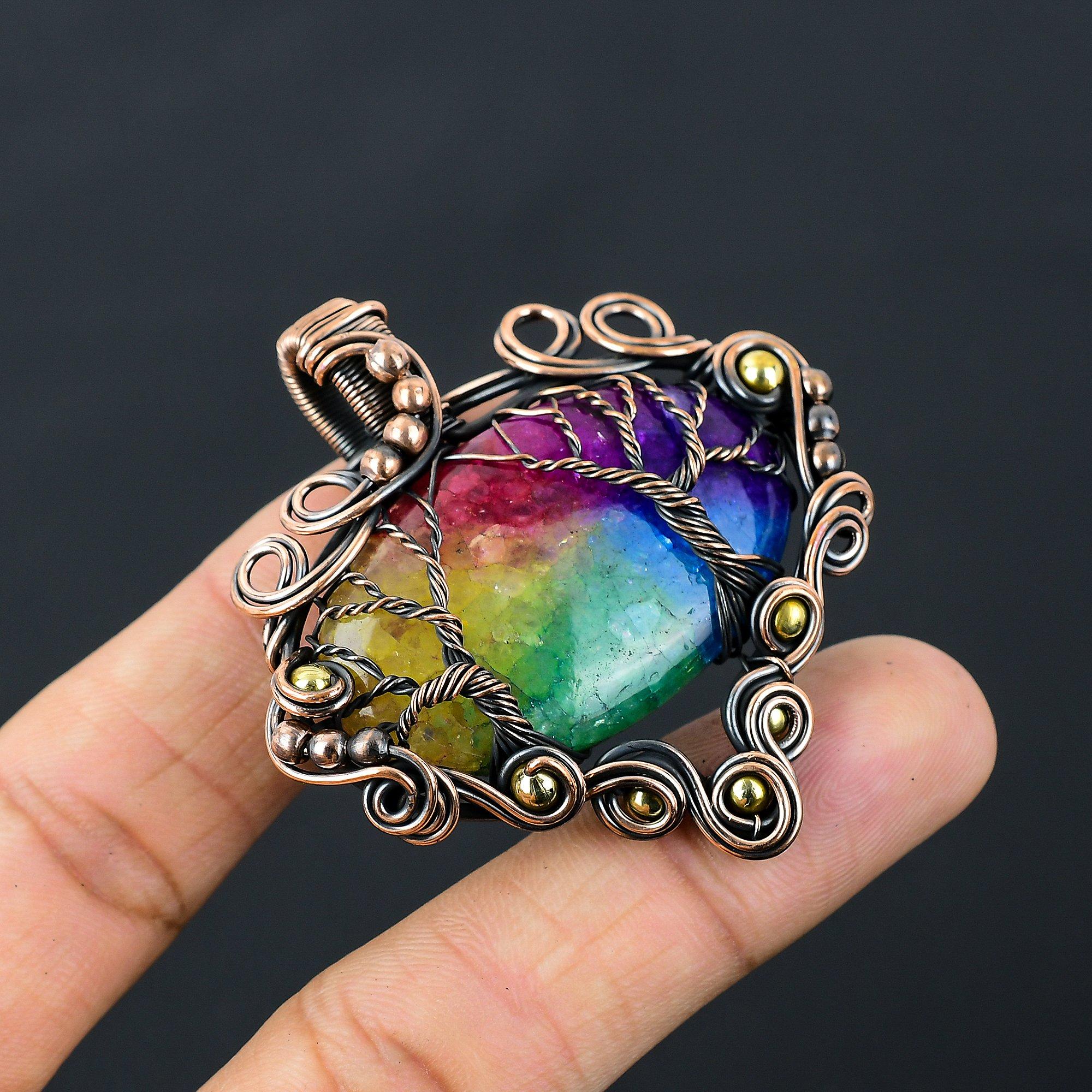 Tree Of Life Rainbow Solar Quartz Gemstone Jewelry Pure Copper Wire Wrapped Handmade Pendant
