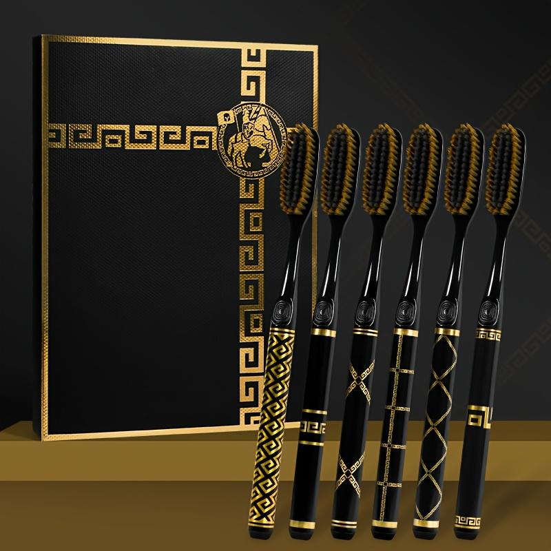 6 Pack Premium Black and Golden Patterned Handle Toothbrushes - Full Head Soft Nylon Bristles for Gentle Cleaning, Unscented Manual Toothbrush Set