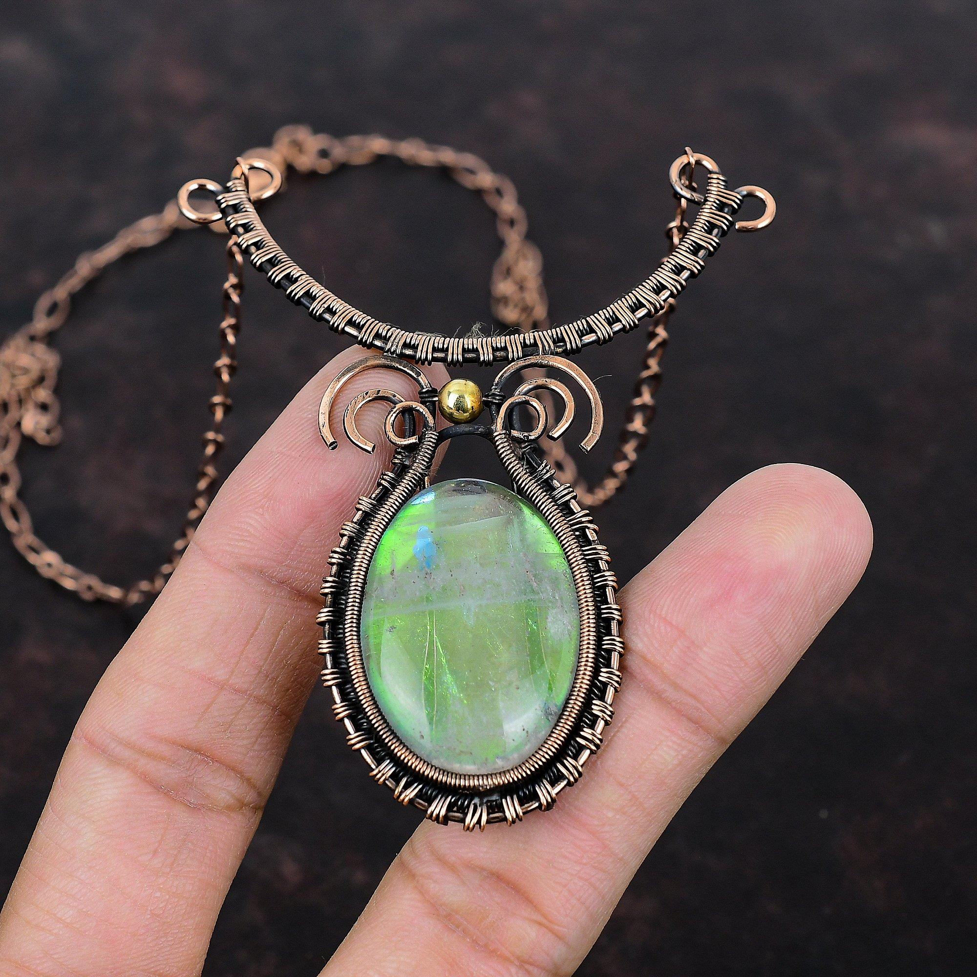 Tęczowy Mistyczny Opal Naszyjnik Oplatany Miedzianym Drutem Naszyjnik Ręcznie Robiony Regulowany Naszyjnik Miedziana Biżuteria Naszyjnik z Kamieniem Szlachetnym Prezent Dla Kobiet