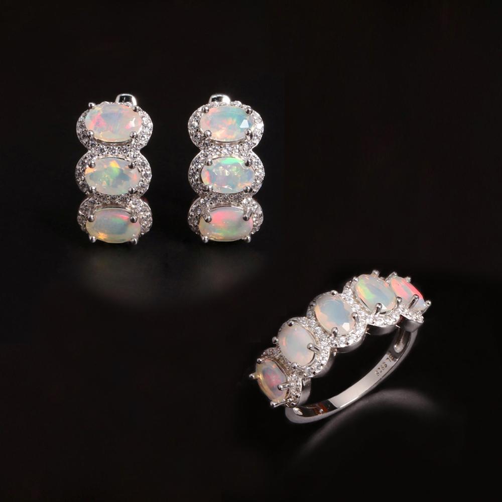 Luxury and elegant October Birthstone natural Opal Ring Earrings jewelry set 925 sterling silver rare noble women's fine jewelry