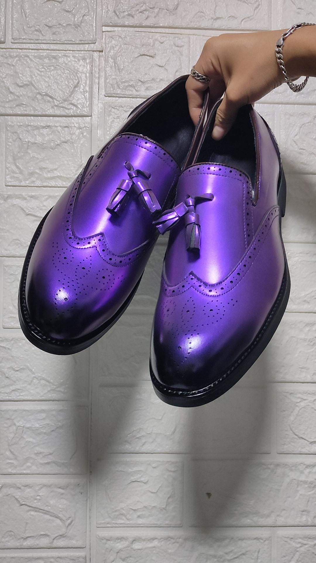 Men's Brogue Tasseled Loafers Green Purple Dress Wingtip Wedding Shoes Stylish Formal Leather Prom Party Shoes Large Size