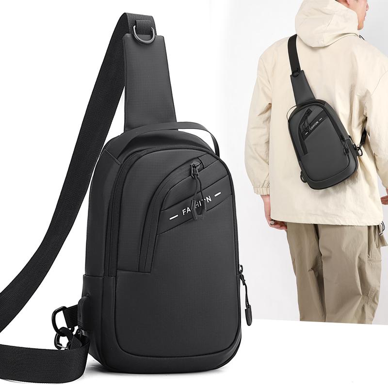 Sporty Men's Waterproof Sling Bag - USB Power Bank Port + Multi-Compartment Chest Pack (Anti-Sweat & Durable Design)