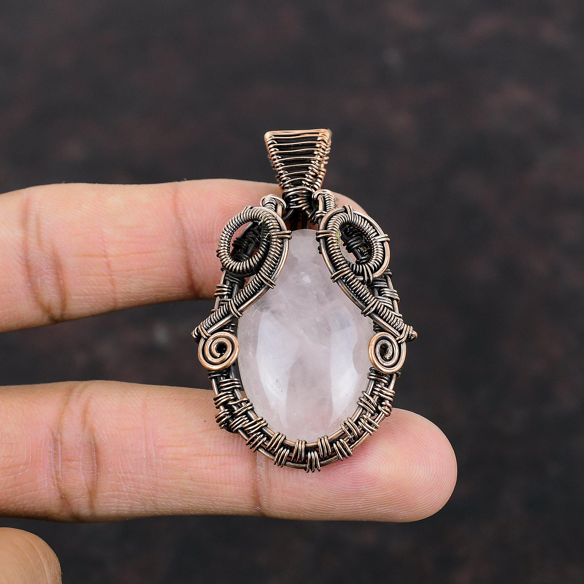 Rose Quartz Pendant Copper Wire Wrapped Pendant Rose Quartz Copper Jewelry Handmade Pendant Wire Wrapping Jewelry Gemstone Pendant For Gift