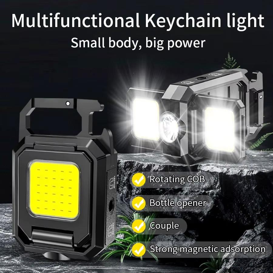 Mini LED Flashlight Keychain Light COB Light USB Rechargeable with Built-in Battery Foldable Camping Lantern Lights Hiking Lamp