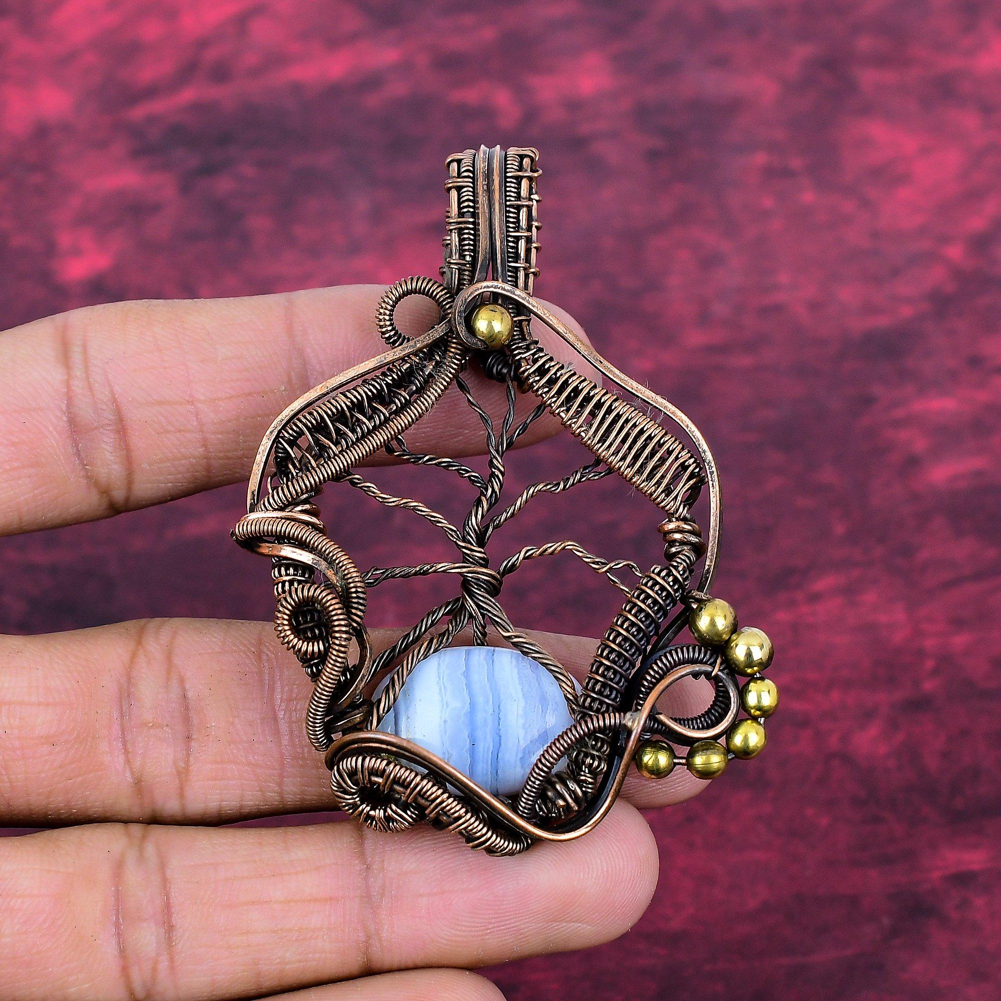Tree Of Life Blue Lace Agate Pendant Copper Wire Wrapped Pendant Genuine Gemstone Jewelry