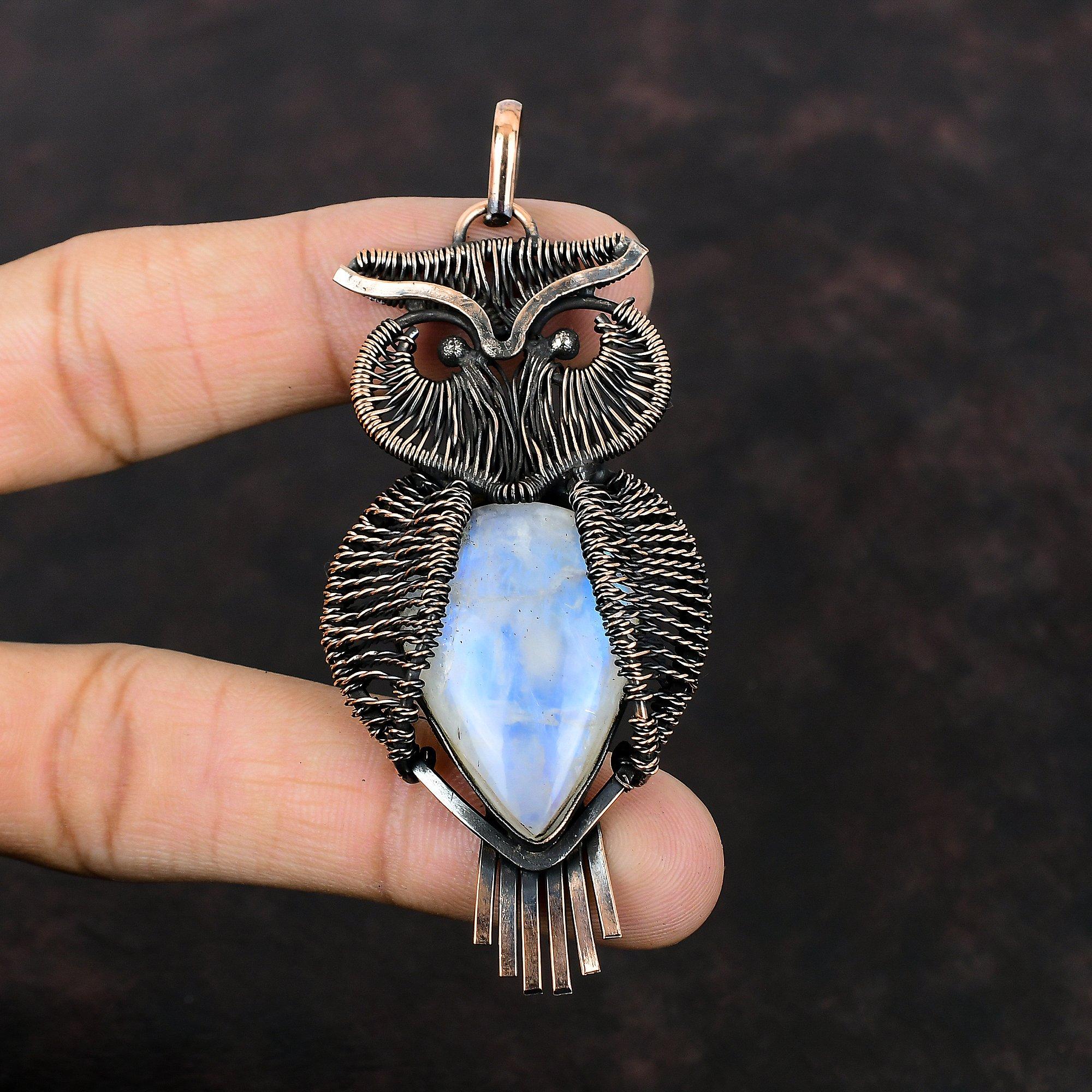 Подвеска Rainbow Moonstone, медная проволочная сова, подвеска, ручная работа, медные украшения, изящная подвеска из драгоценного камня, подарок для мамы, проволочная обмотка, украшения