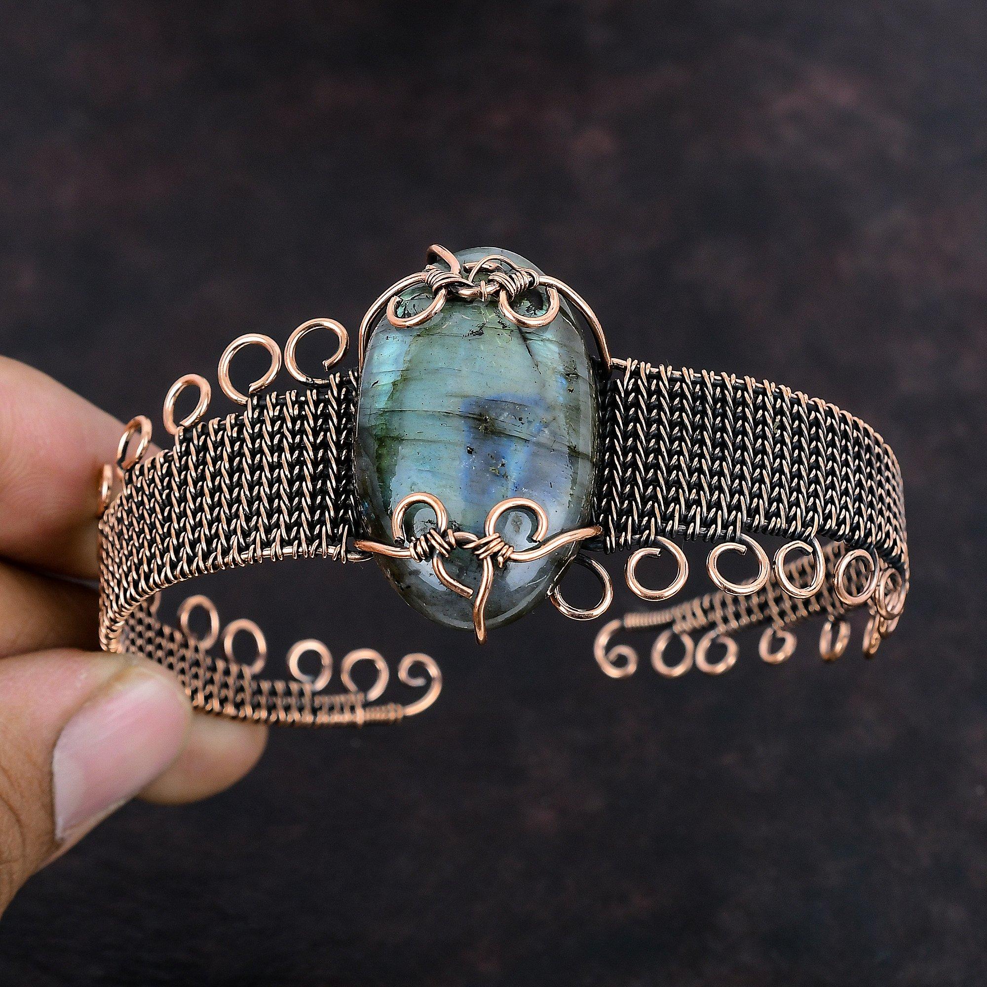 Labradorite Cuff Bracelet Labradorite Bracelet Copper Wire Wrapped Jewelry Handmade Adjustable Bangle Wire Wrap Gemstone Bangle Gift For Him