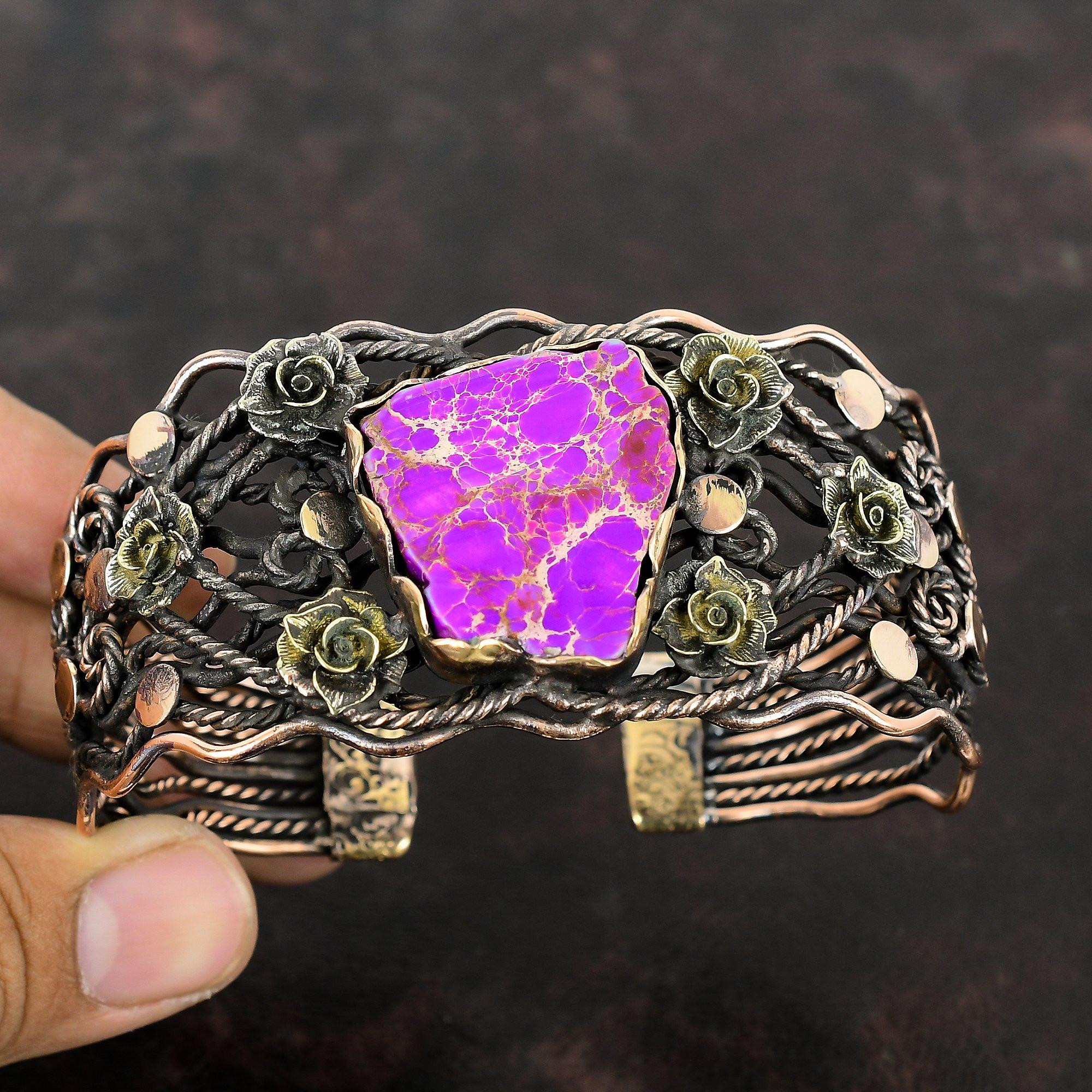 Purple Sea Sediment Jasper Bangle Copper Wire Wrapped Cuff Bracelet Handmade Jewelry Gemstone Adjustable Bangle Copper Jewelry Wedding Gift