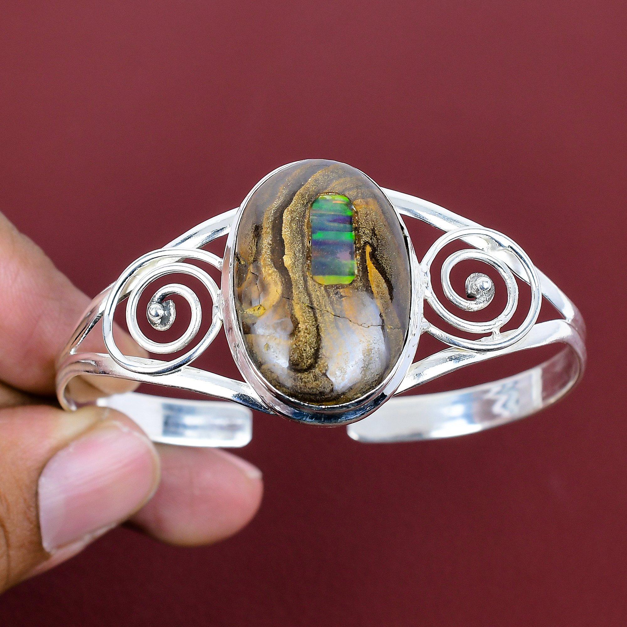 Ethopian Opal In Boulder Opal Bangle Gemstone Jewelry 925 Sterling Silver Cuff Bracelet Adjustable Bangle Handmade Bracelet Gifts for Mother