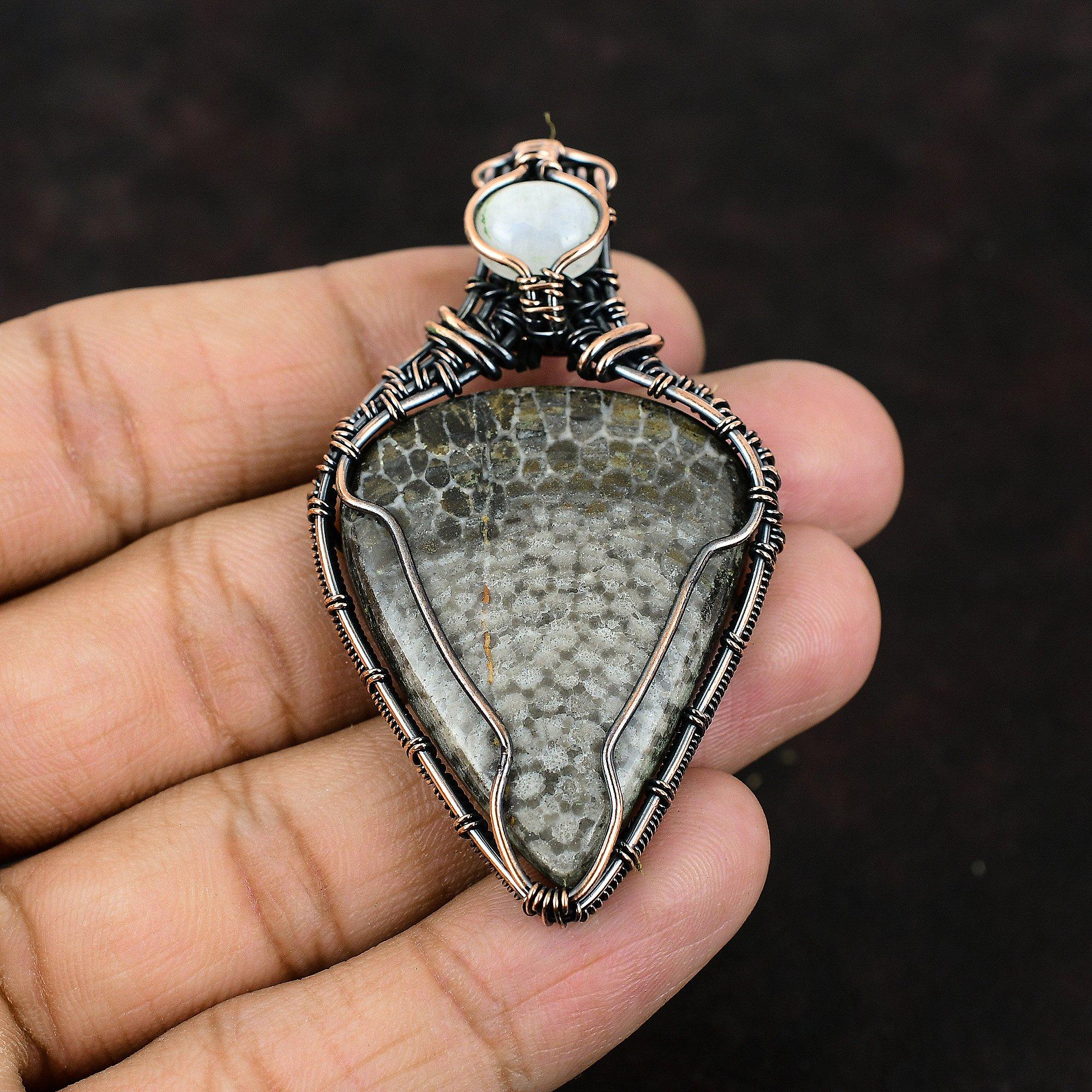 Stingray Coral Copper Wire Wrapped Pendant Gemstone Jewelry Rainbow Moonstone Pendant Handmade Copper Jewelry Designer Pendant Gift For Her