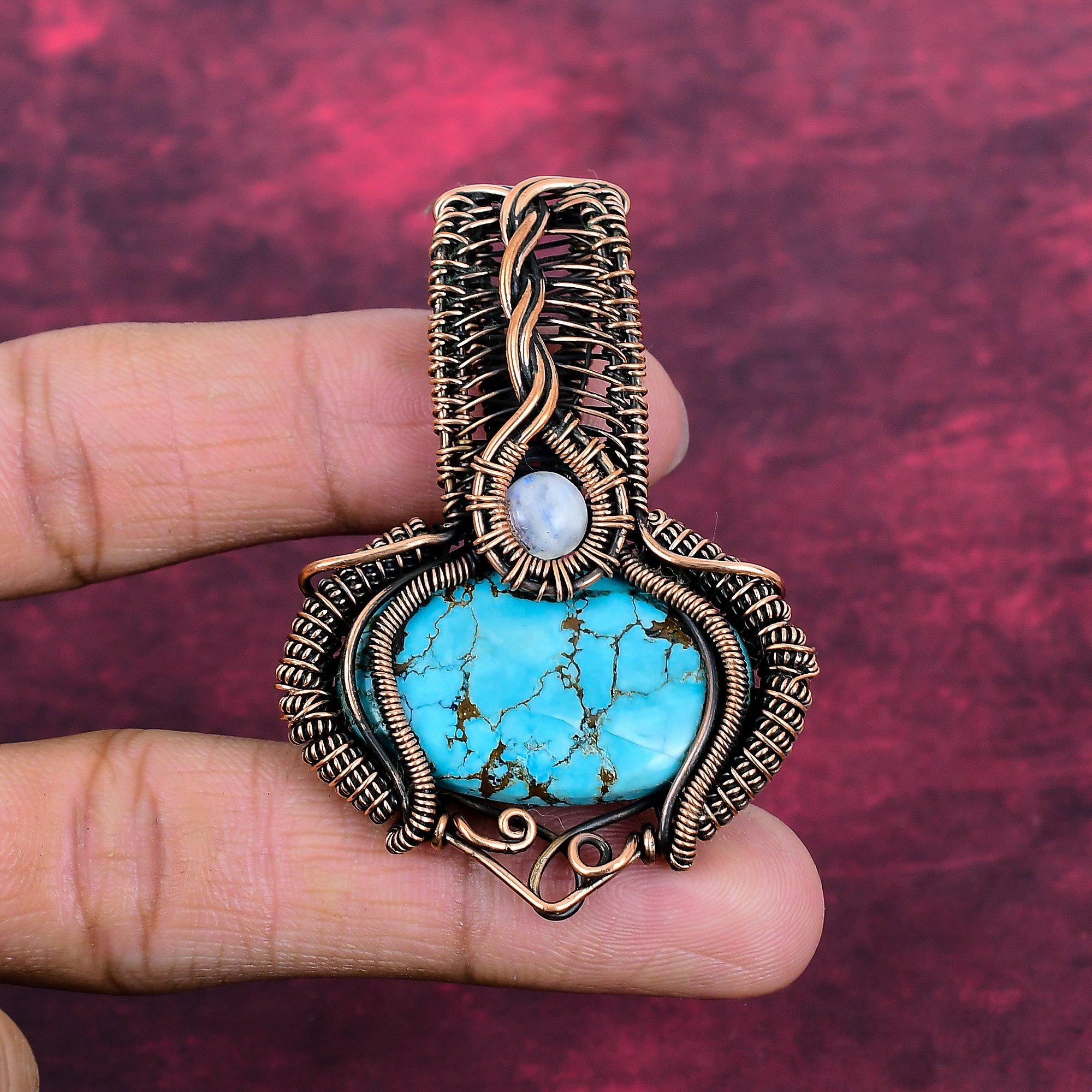 Tibetan Turquoise Pendant Copper Wire Wrapped Pendant Rainbow Moonstone Jewelry Designer Jewelry