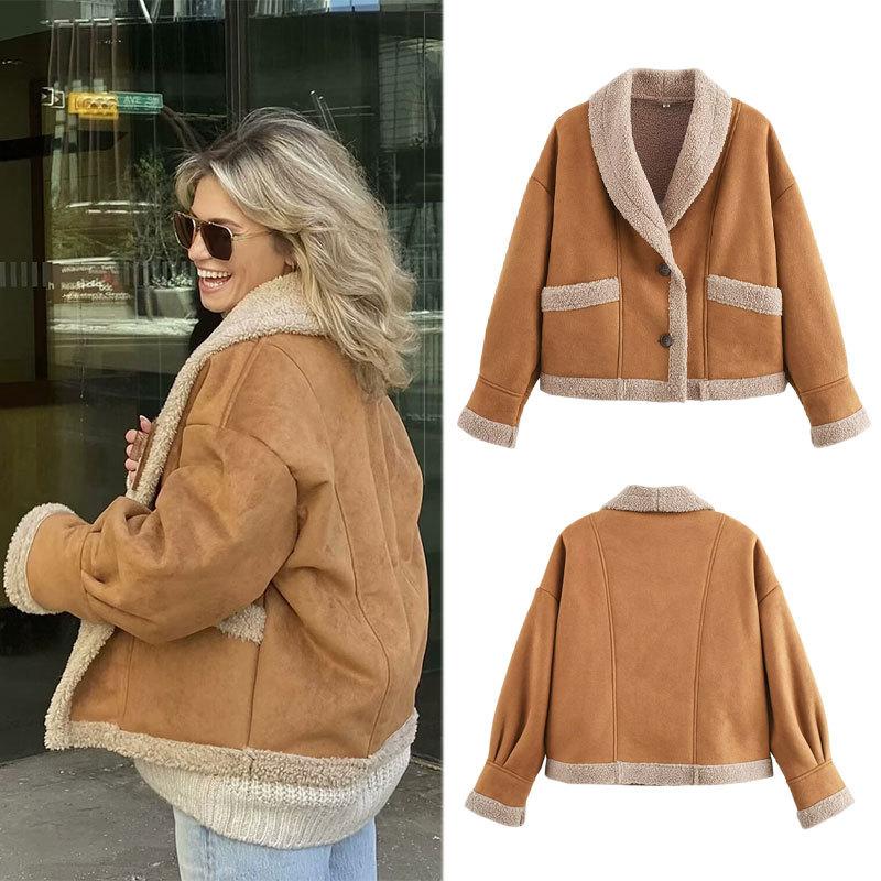 Women's Faux Suede Leather Jackets Flip Collar Fleece Lining Loose Fur One-piece Top Vintage European Style Coat Autumn and Winter