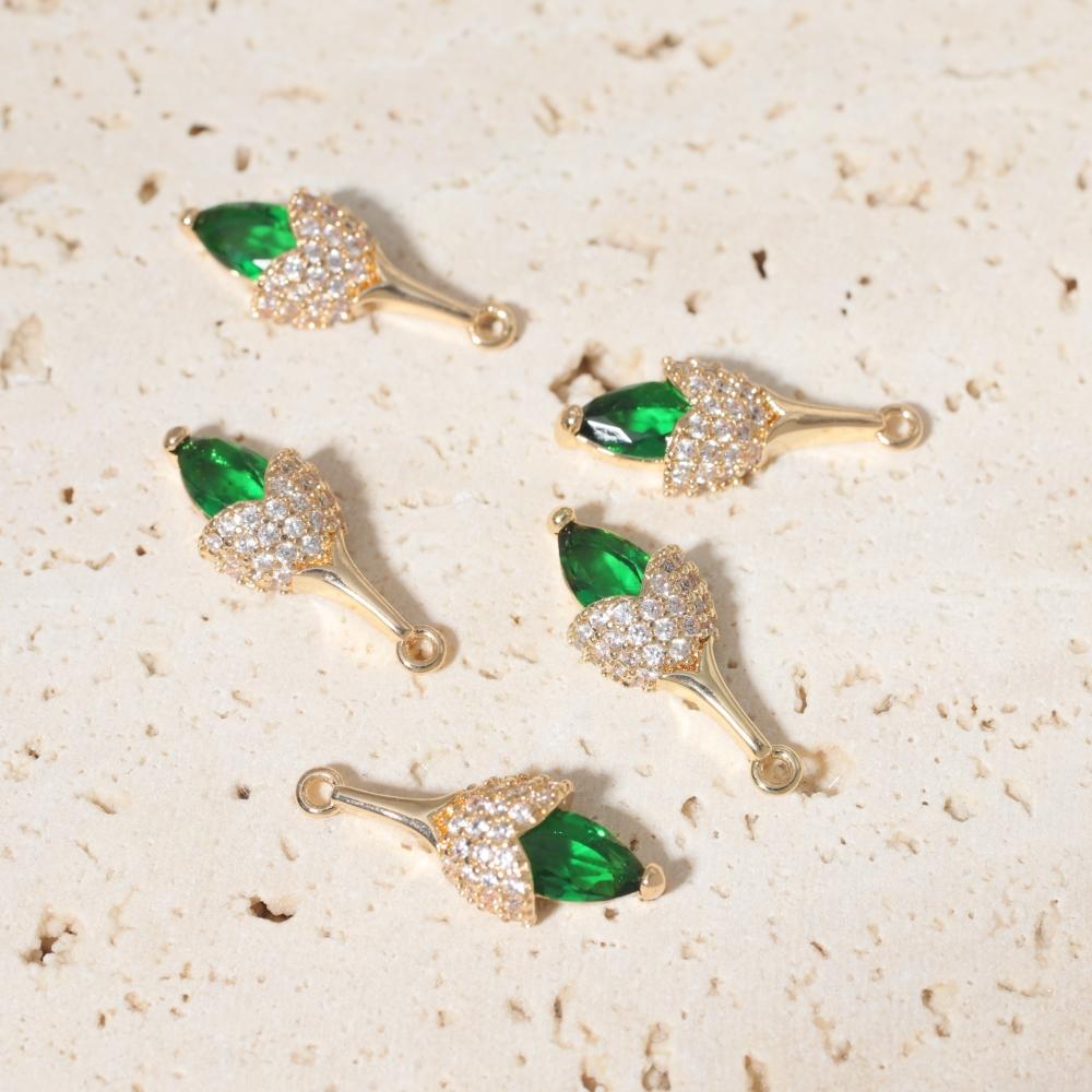 Copper Tulip Flower Charms with Green & Clear Zirconia, Golden Plated, 2pcs for DIY Jewelry Making