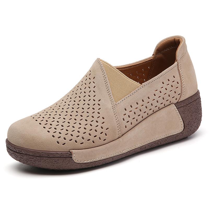 Hollowed-out Breathable Women Platform Shoes Genuine Leather Loafers Wedge Heels Elegant Ladies Walking Shoes