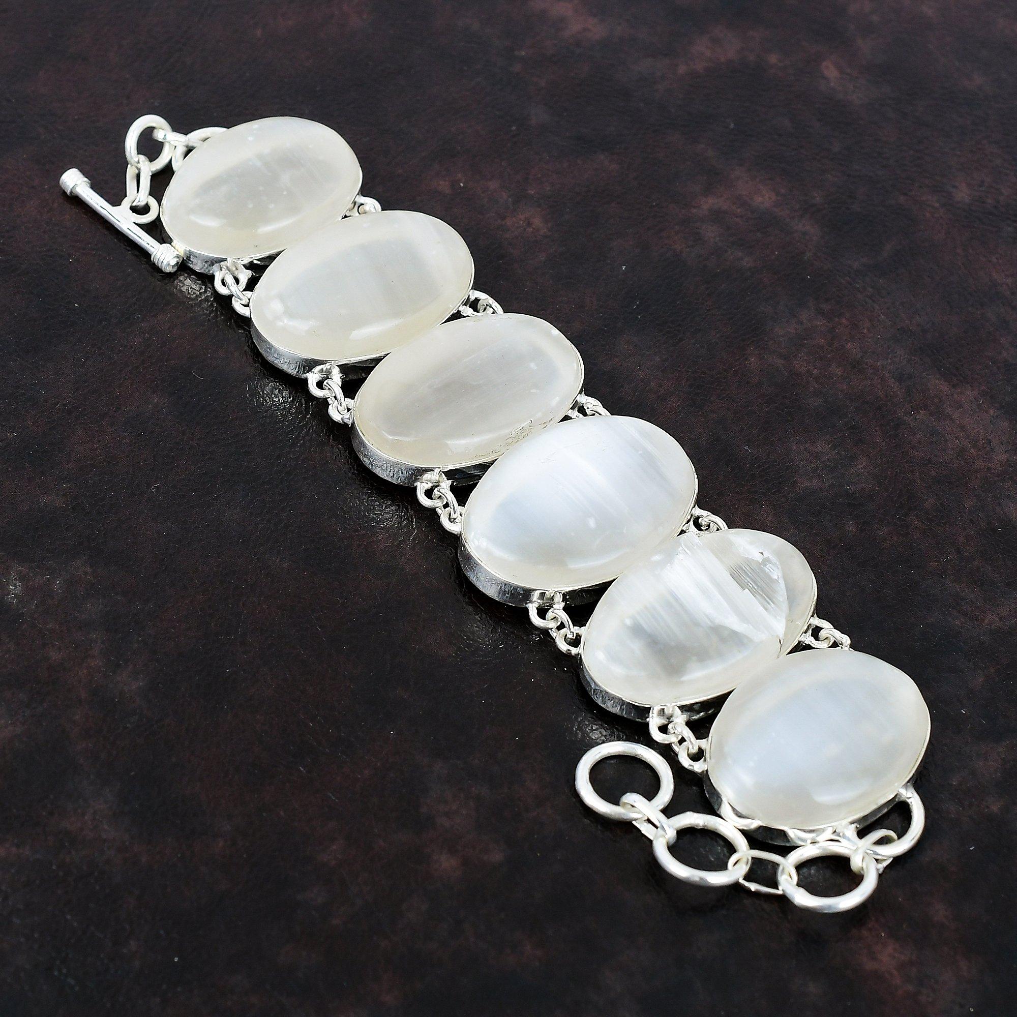Selenite Bracelet 925 Sterling Silver Bracelet Ethnic Gemstone Jewelry Adjustable Chain Bracelet Gift For Mother Handmade Boho Style Jewelry