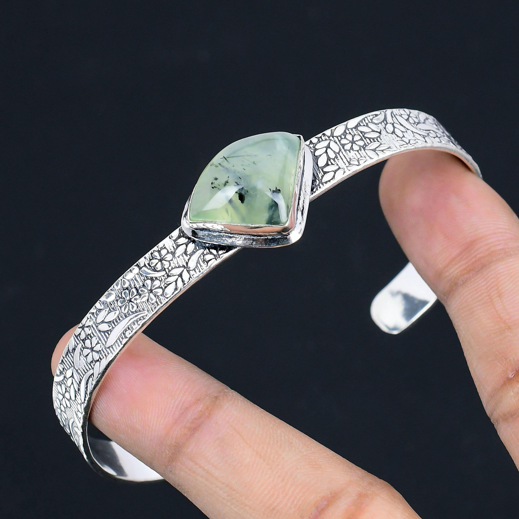 925 Sterling Silver Natural Moss Prehnite Engagement Mother New Bangle Bracelet