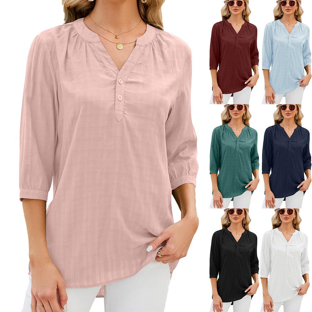 Spring and Summer Solid Colour Shirt V-neck Pullover Loose Top for Women